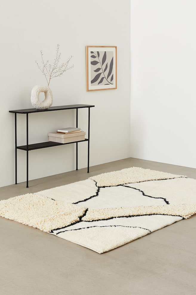 Langluvet gulvtæppe med uldblanding - Naturhvid/Mønstret - 3