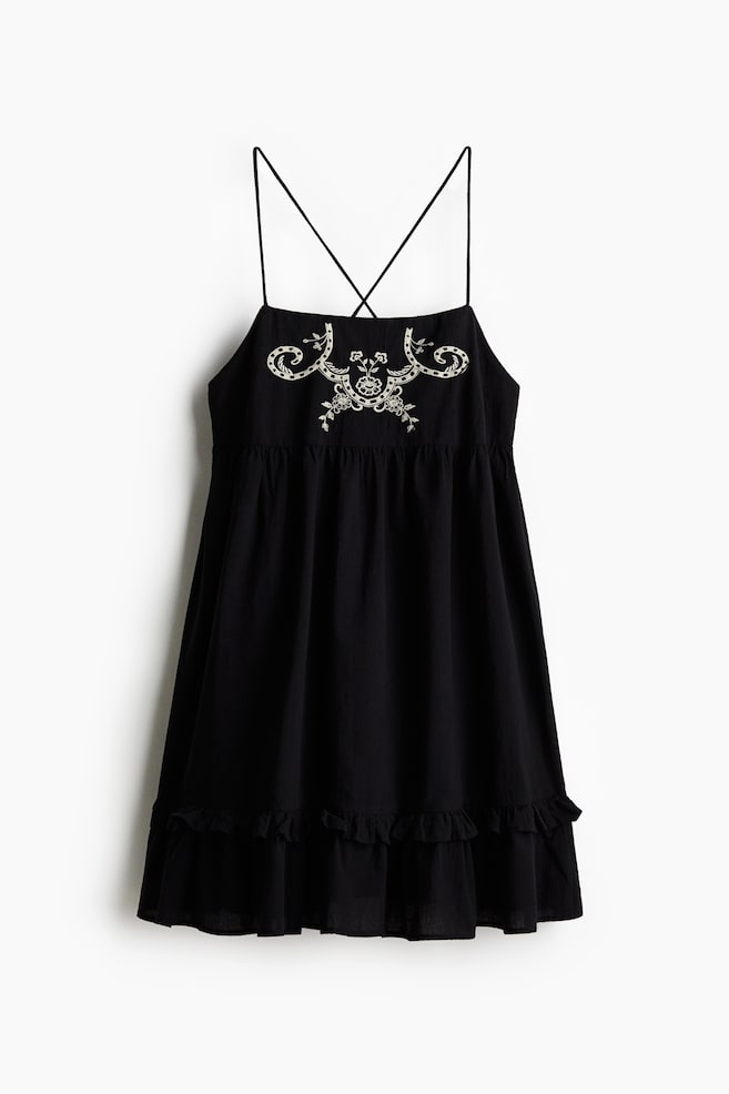 Cotton strappy dress - Black/Flowers/Light blue - 1