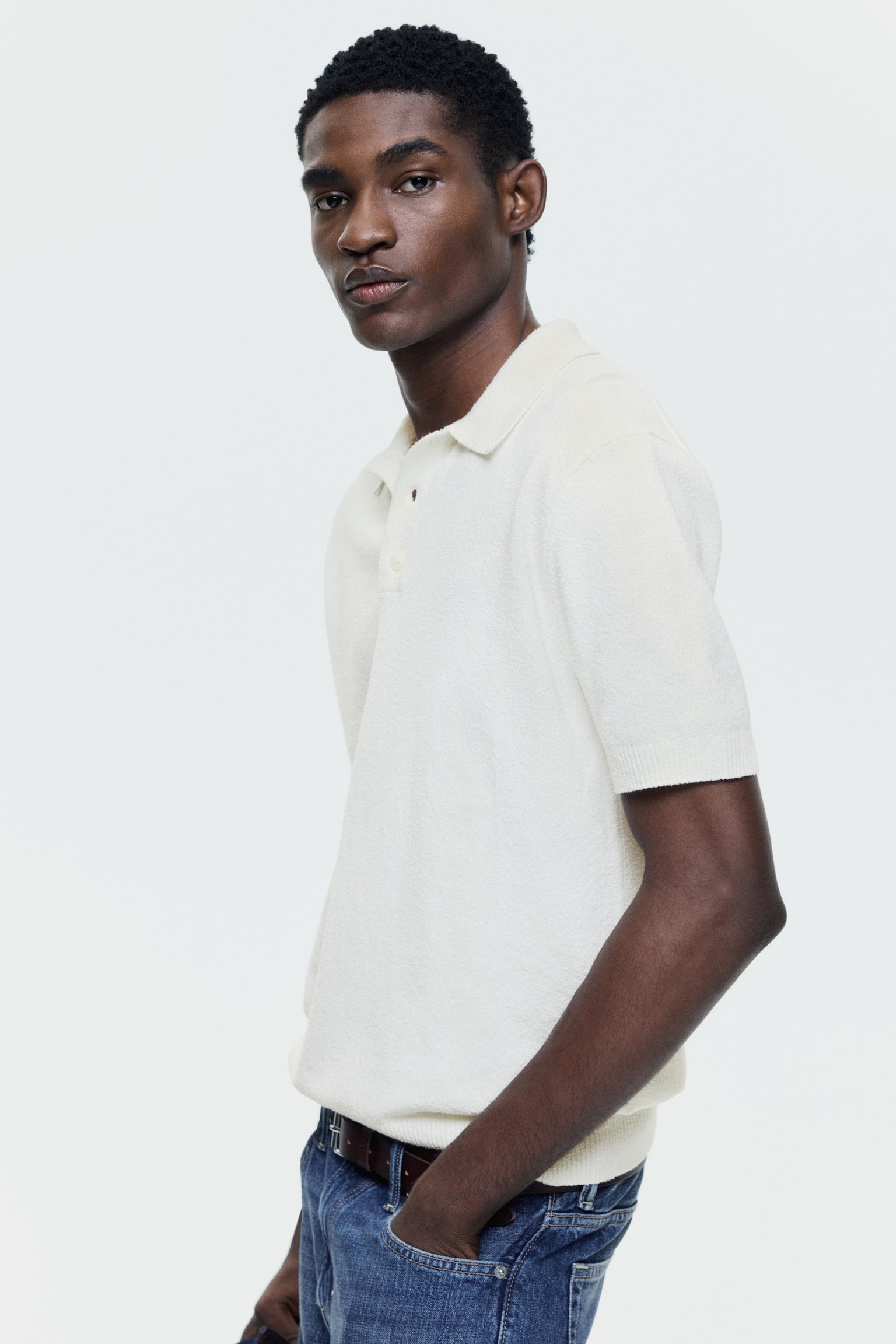 חולצת פולו סריג Regular Fit - קרם/כחול - 7