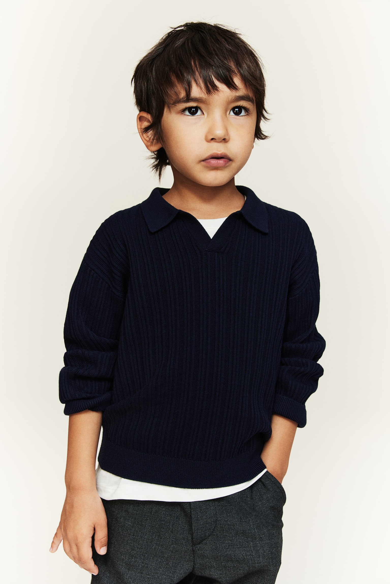 Rib-knit cotton polo jumper - Navy blue/White - 3