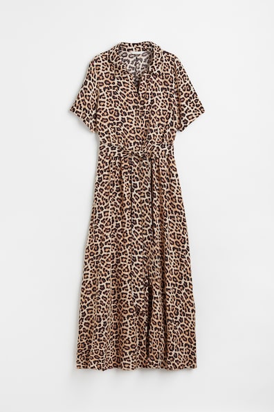 Tie-belt shirt dress - Short sleeve - Midi - Beige/Leopard print ...