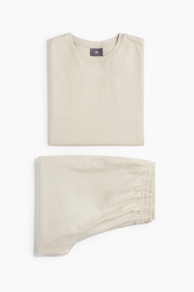 Linen-blend pyjama T-shirt and shorts - Light beige/Black - 1