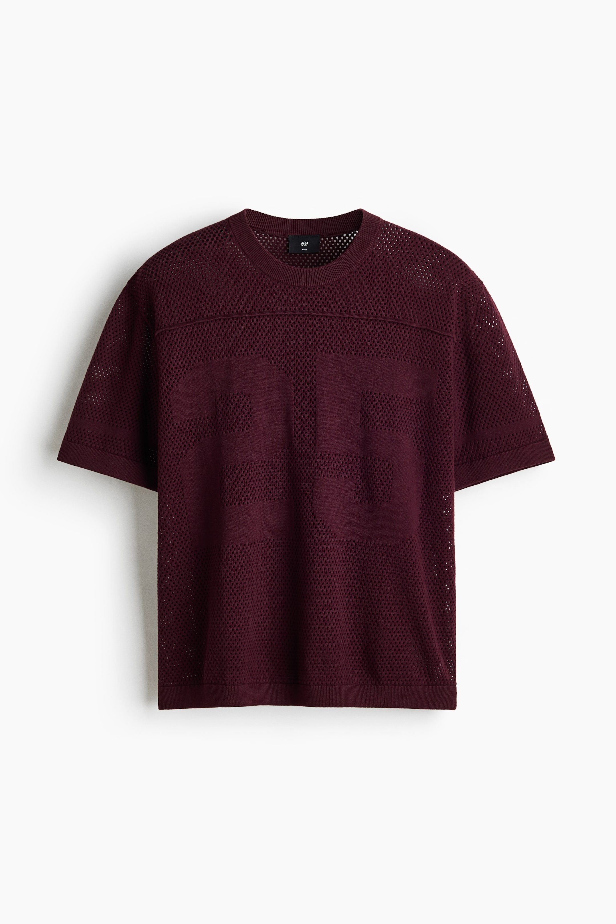 View larger image: A maroon short-sleeved top is showcased from the front, featuring an open-knit mesh texture with a bold, solid number '25' and a horizontal stripe across the chest. It is completed with a ribbed crew neck, ribbed short sleeves, and a ribbed hem.