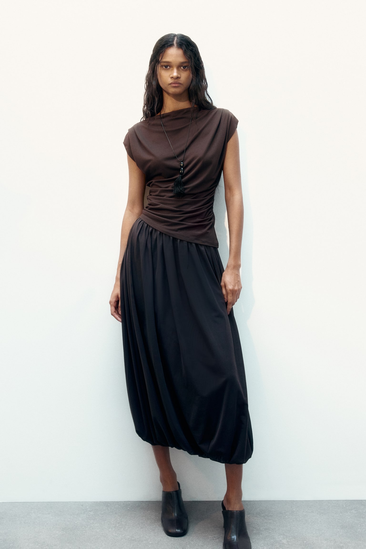 Draped boat-neck top - Dark brown/Dark pigeon blue/Beige - 6