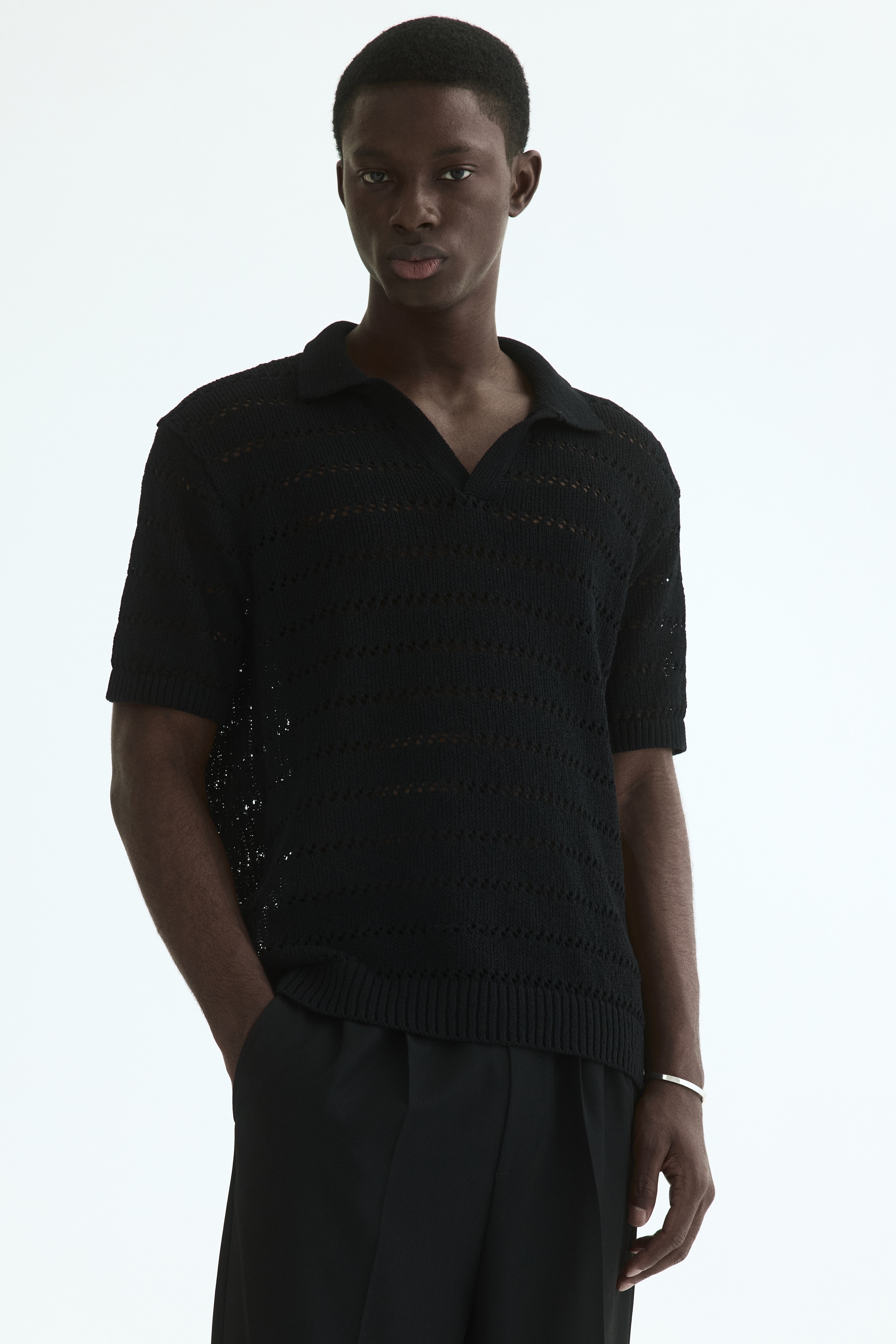 Μπλούζα polo Relaxed Fit με διάτρητη πλέξη - Μαύρο/Ανοιχτό μπεζ