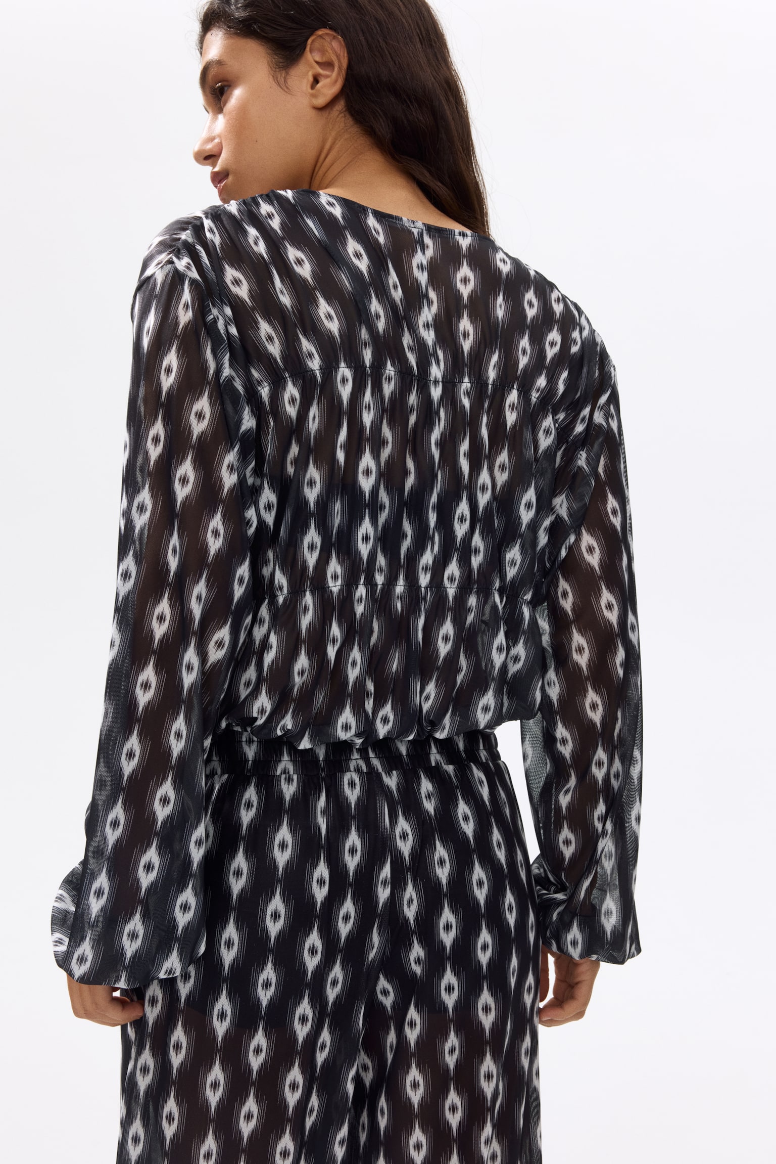 Tie-detail mesh blouse - Black/Patterned - 4