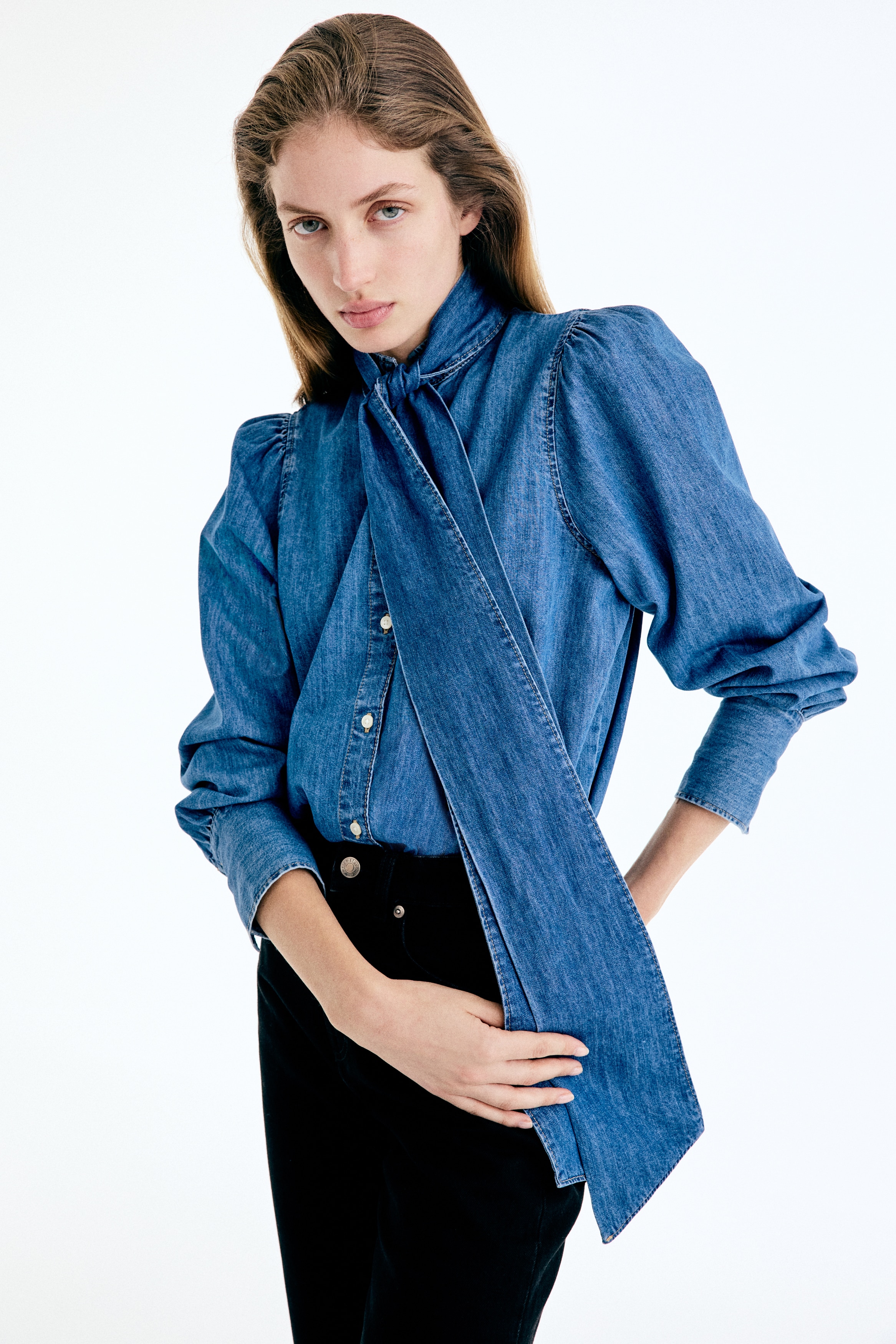 Blouse en denim avec écharpe - Bleu denim