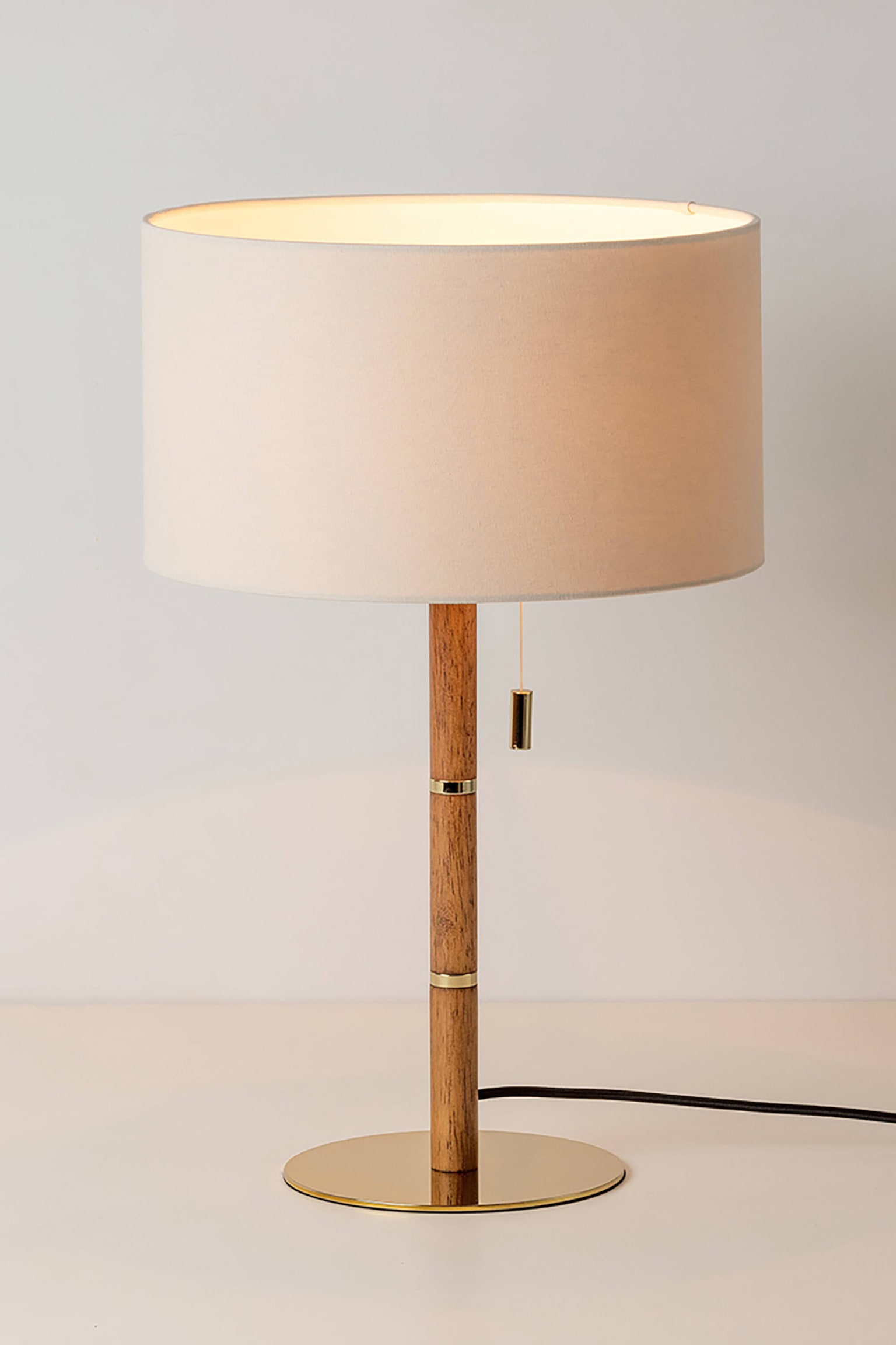 Wooden And Brass Disk Table Lamp - Brass and Wood - 1