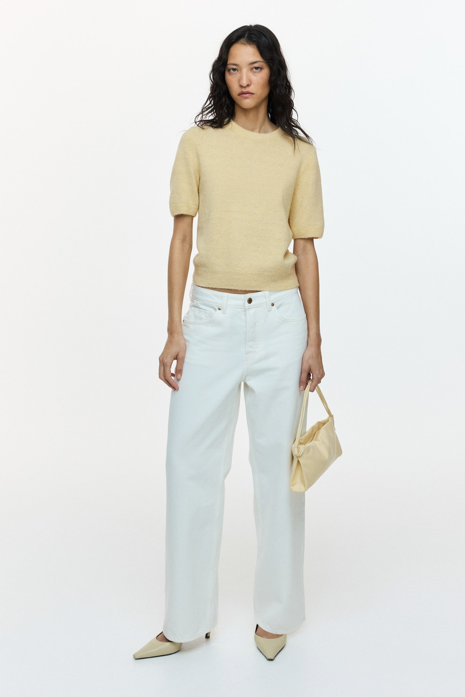 Fine-knit T-shirt - Light yellow/Beige marl/Dark grey marl - 5