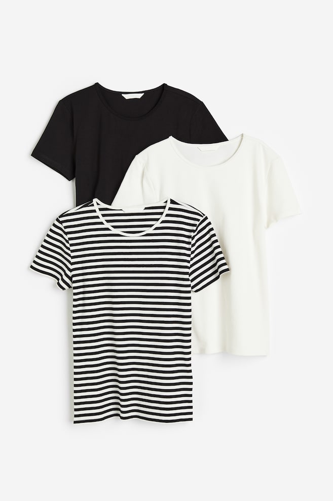 3-pack T-shirts - White/Striped/Dark orange/Light beige/Light beige/White/Striped - 1