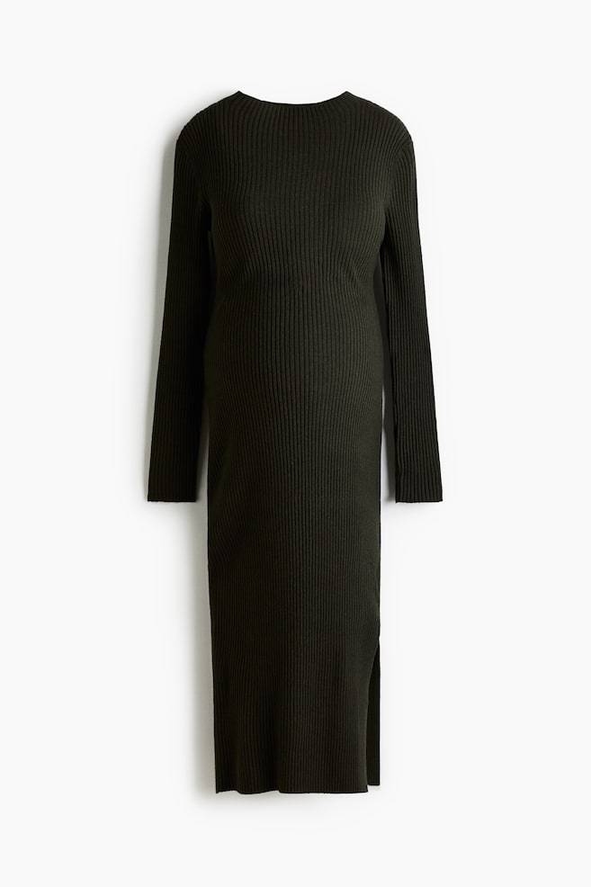 MAMA Ribgebreide jurk met turtleneck - Donkergroen/Bordeauxrood/Beige gemêleerd - 1