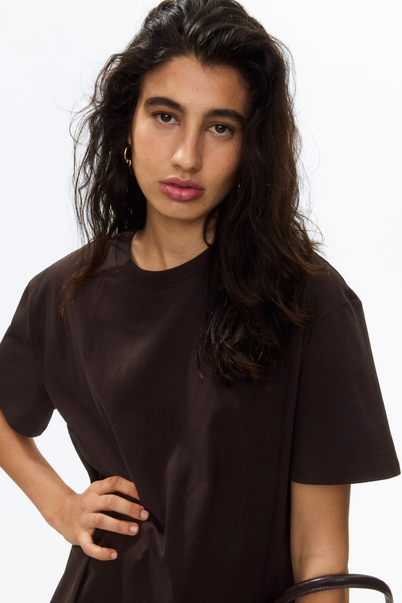 Asymmetric Lace-Trimmed T-Shirt-Dark brown - 3