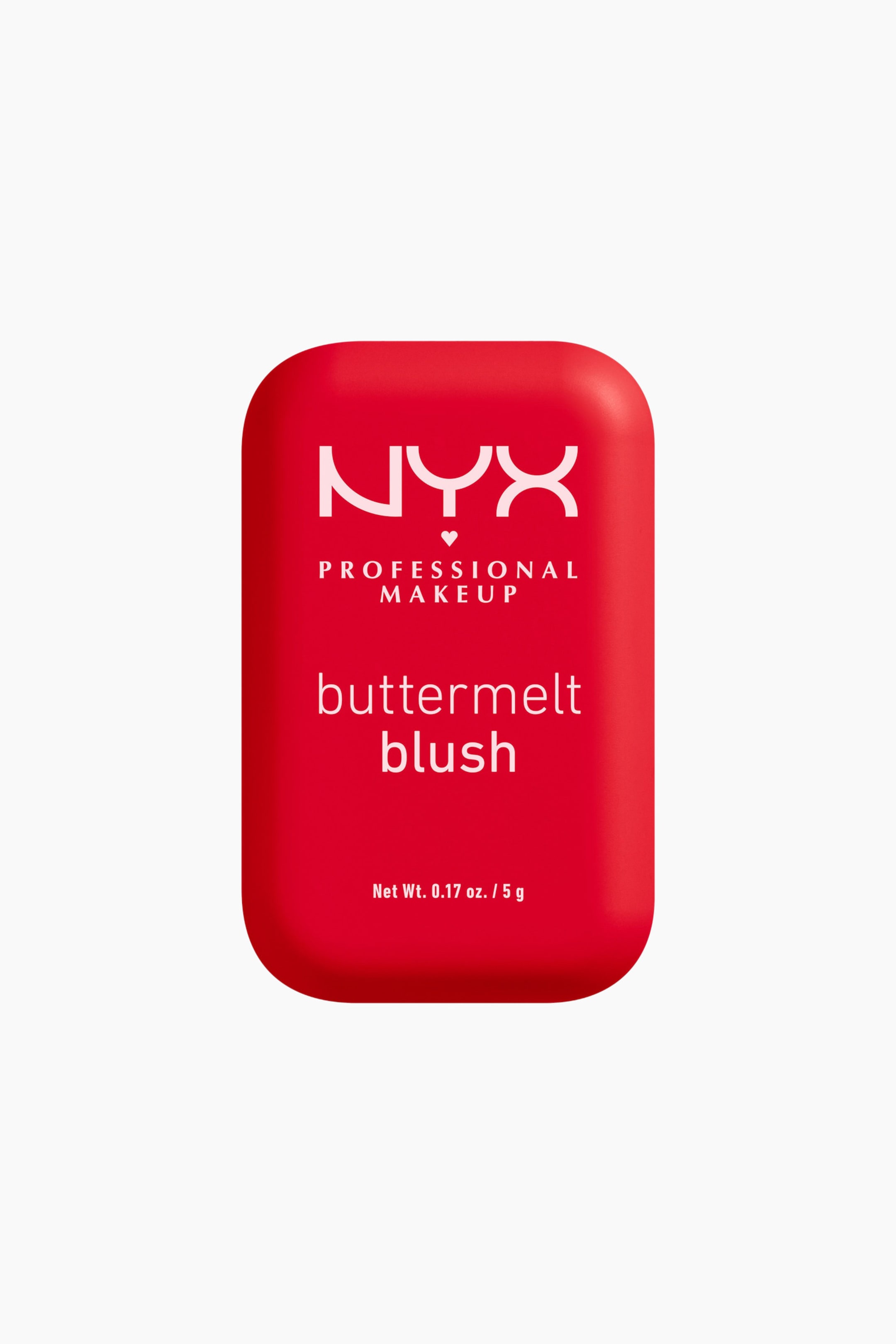 Se større billede: En skinnende rød, rektangulær makeup-kompakt med afrundede hjørner vender fremad og har det hvide "NYX PROFESSIONAL MAKEUP"-logo, teksten "buttermelt blush" samt "Net Wt. 0.17 oz. / 5 g" på forsiden.