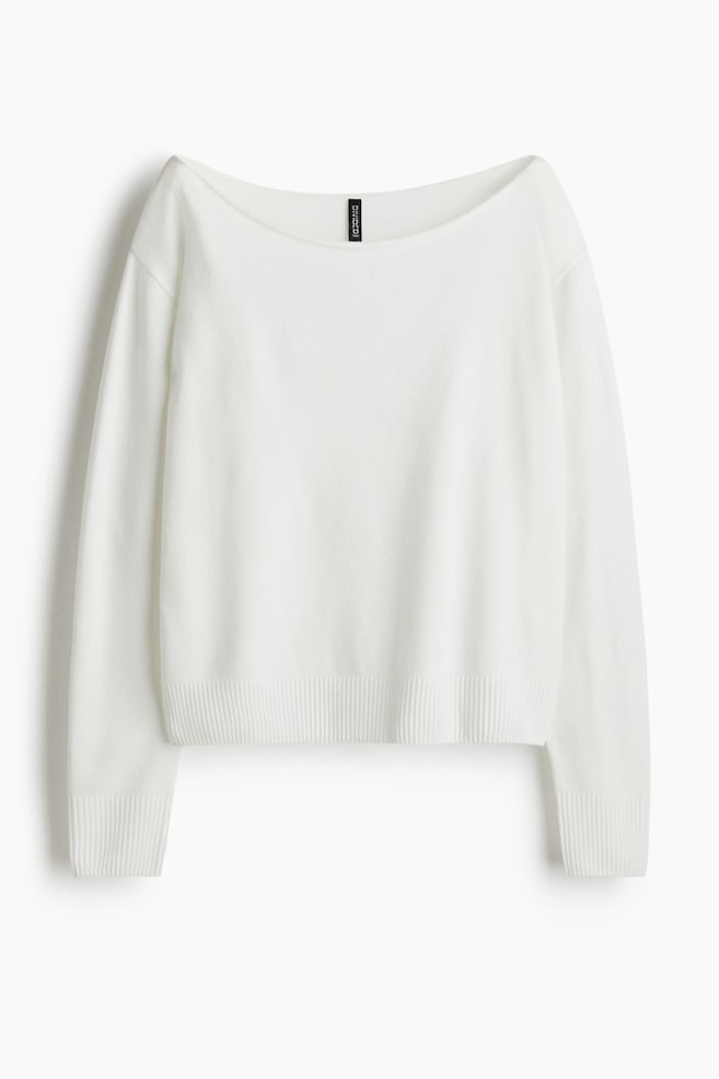 Off-the-Shoulder Sweater - White/Olive green/Light pink/Navy blue - 1