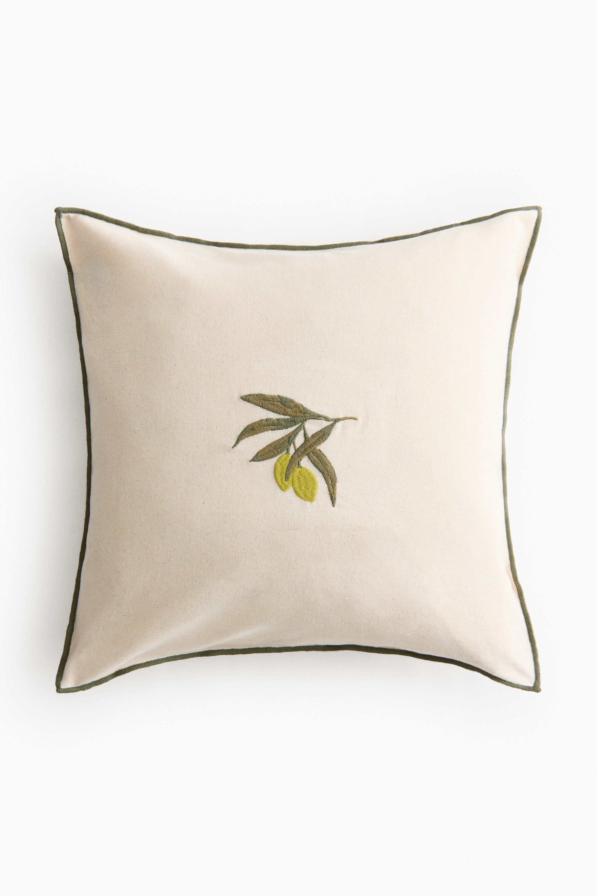 Embroidered-Motif Cotton Cushion Cover - Light beige/olives/Light beige/orange/Light beige/lemons