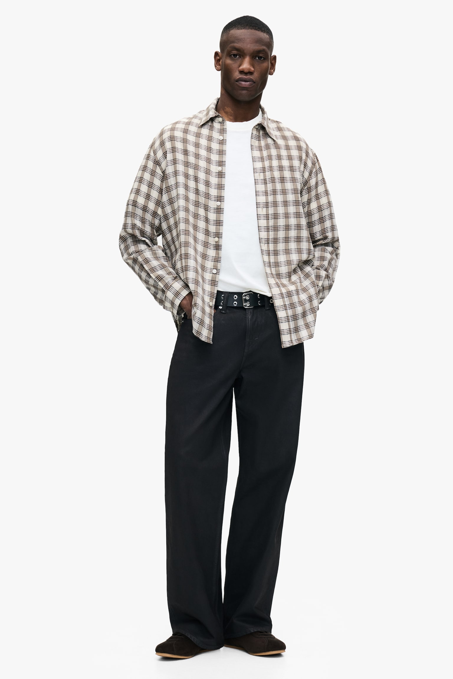Relaxed Fit Cotton shirt - Light beige/checked/Light beige/checked