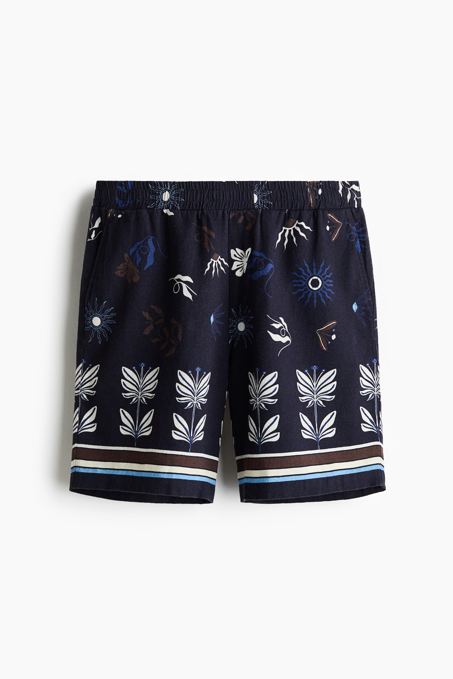 Relaxed Fit Linen-blend shorts - Navy blue/Floral - 1