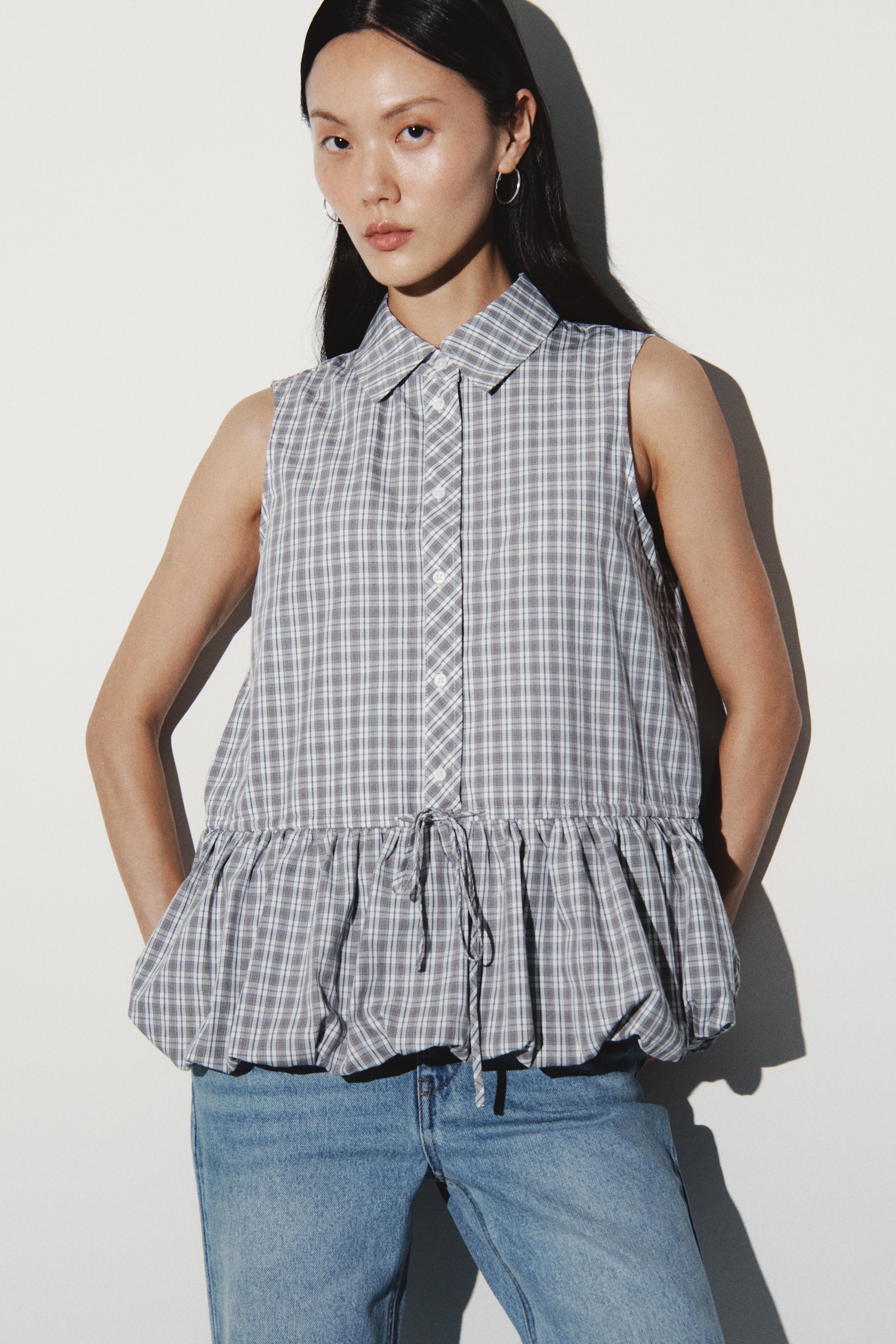 Bubble-Hem Blouse - Brown/checked