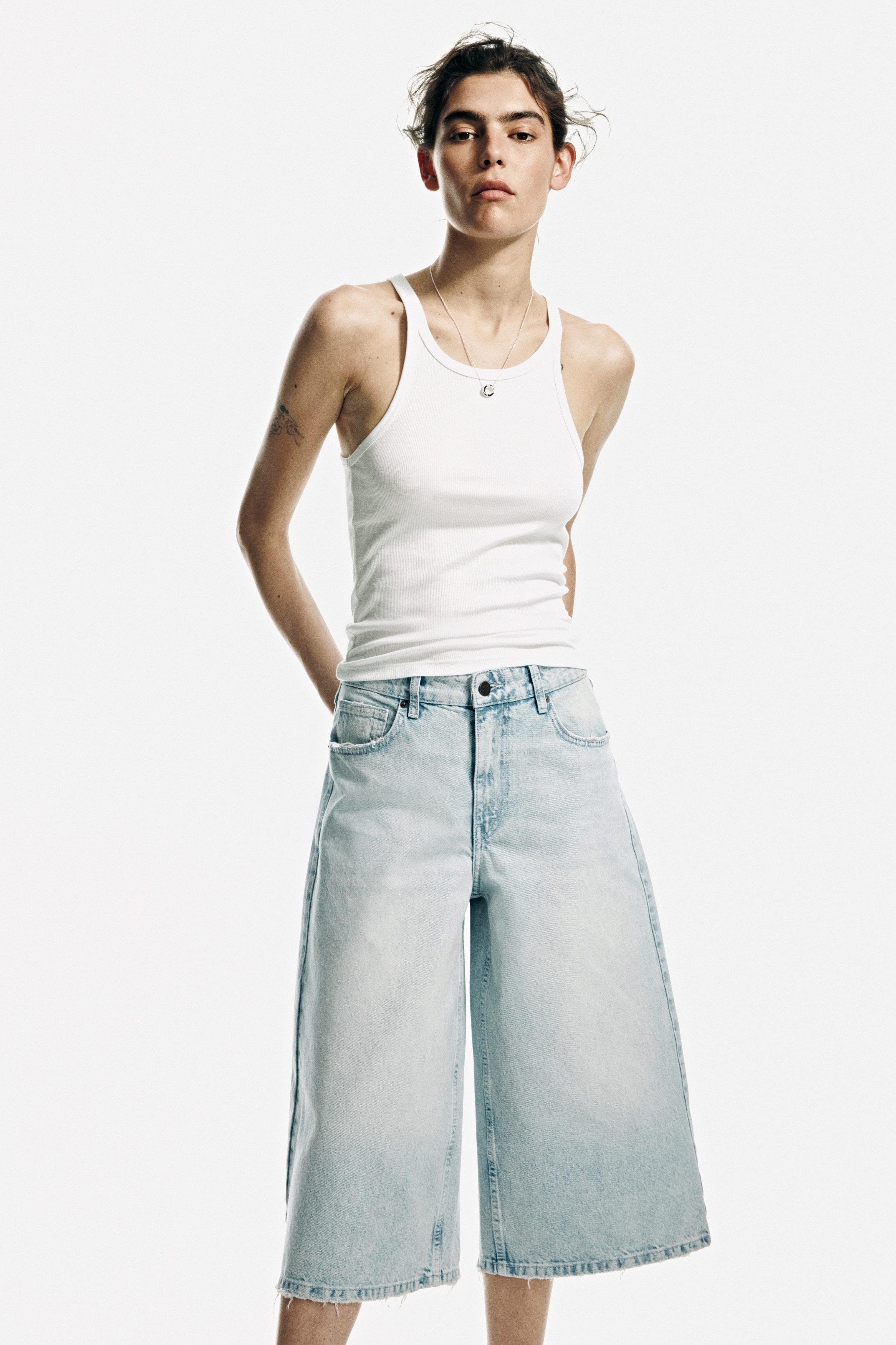 Wide Regular Waist Culotte Jeans - Svetla teksas plava/Teksas plava
