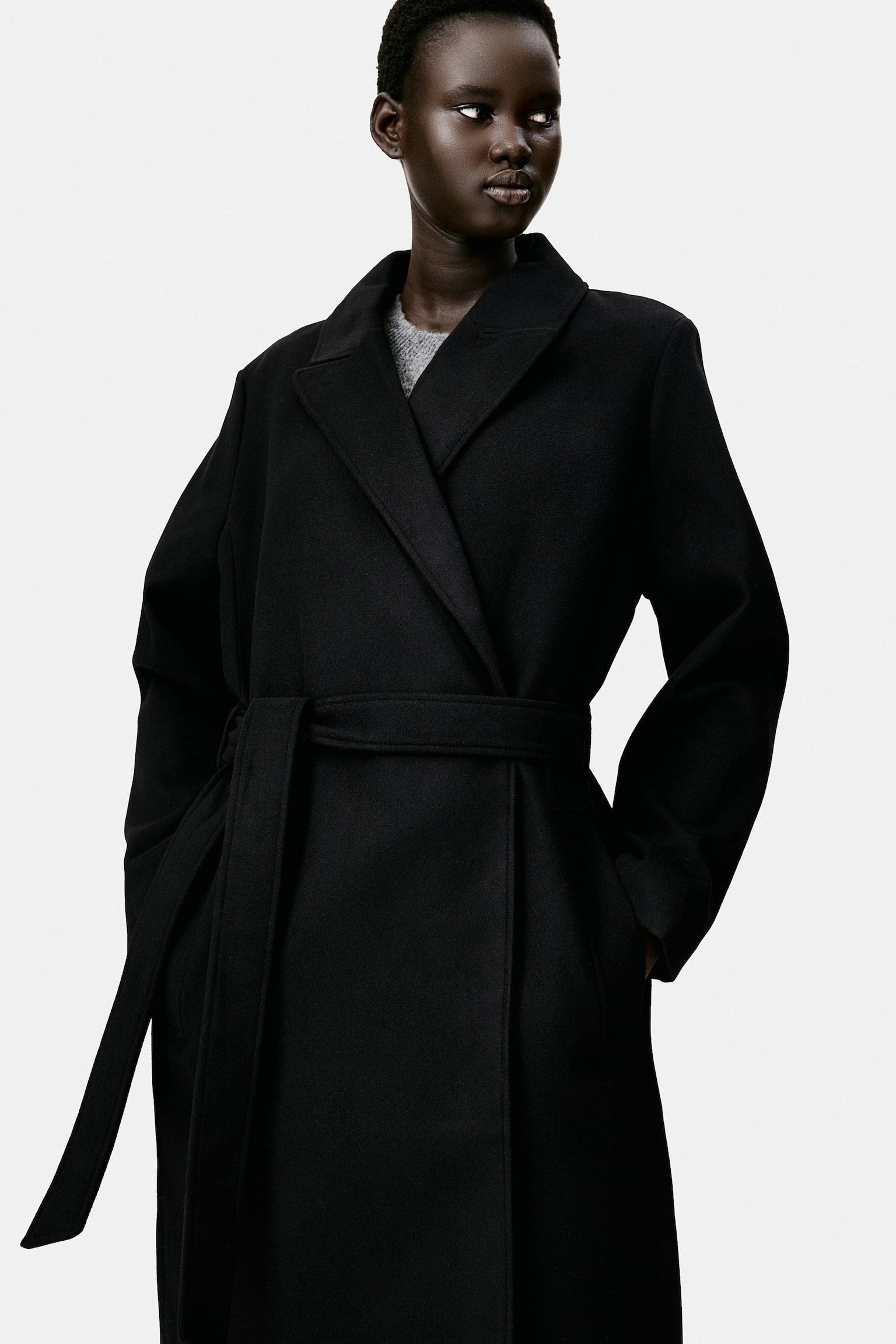 Tie-belt coat - Black/White/Dark beige/Dark grey - 7