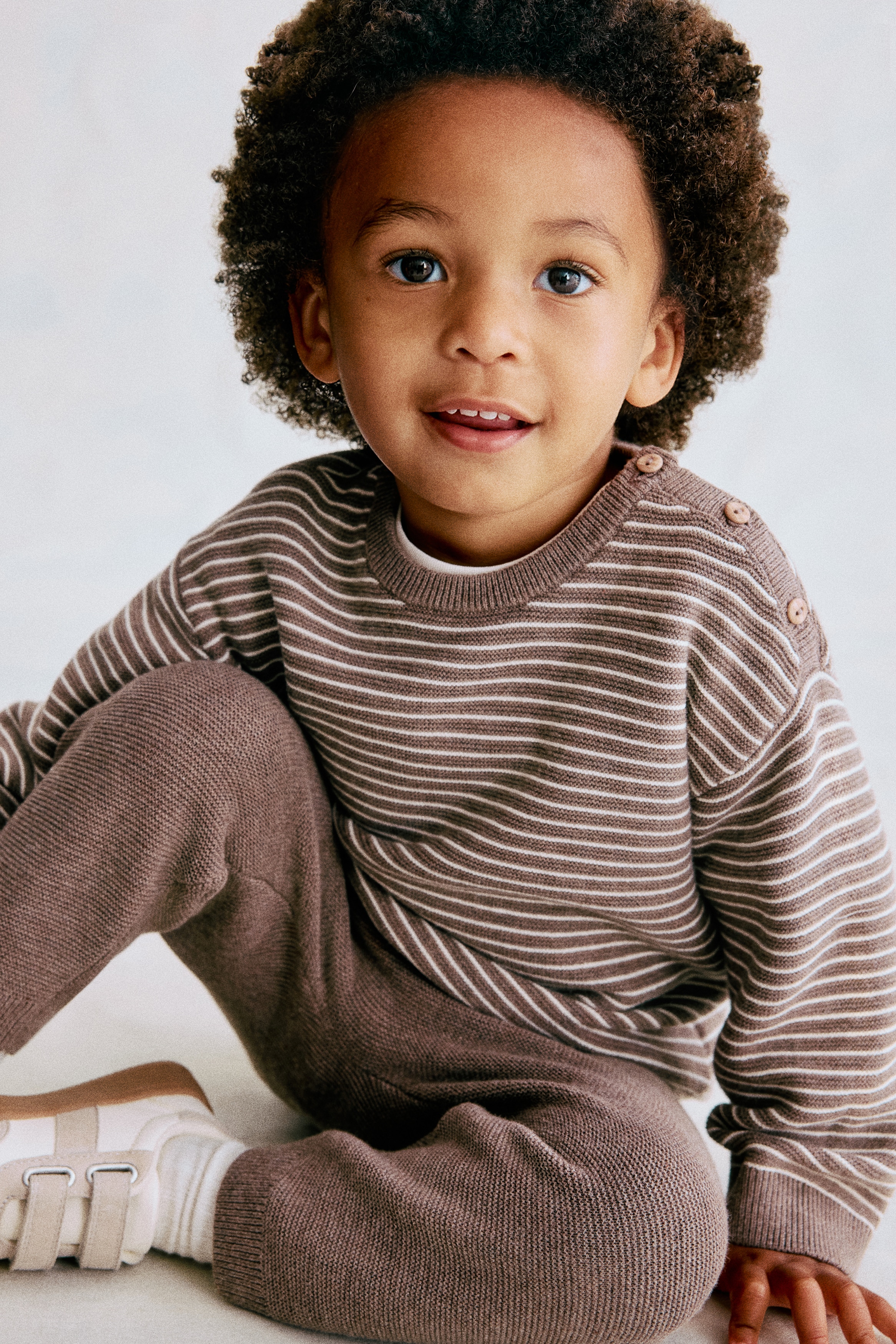 2-piece fine-knit cotton set - Brown/White striped/Light khaki green/Striped/Cream/Neps/Light blue