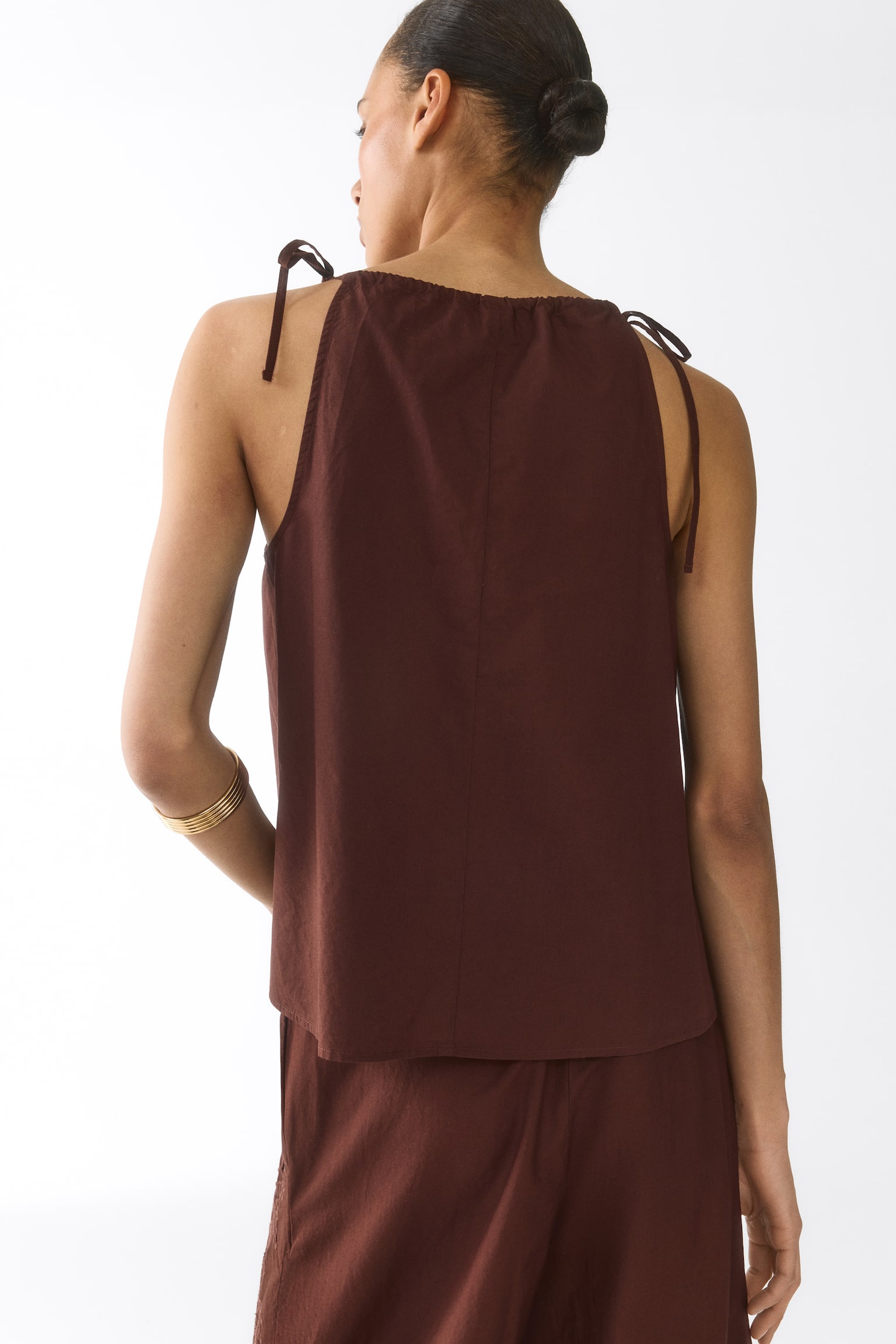Broderie anglaise tie-strap top-Brown - 3