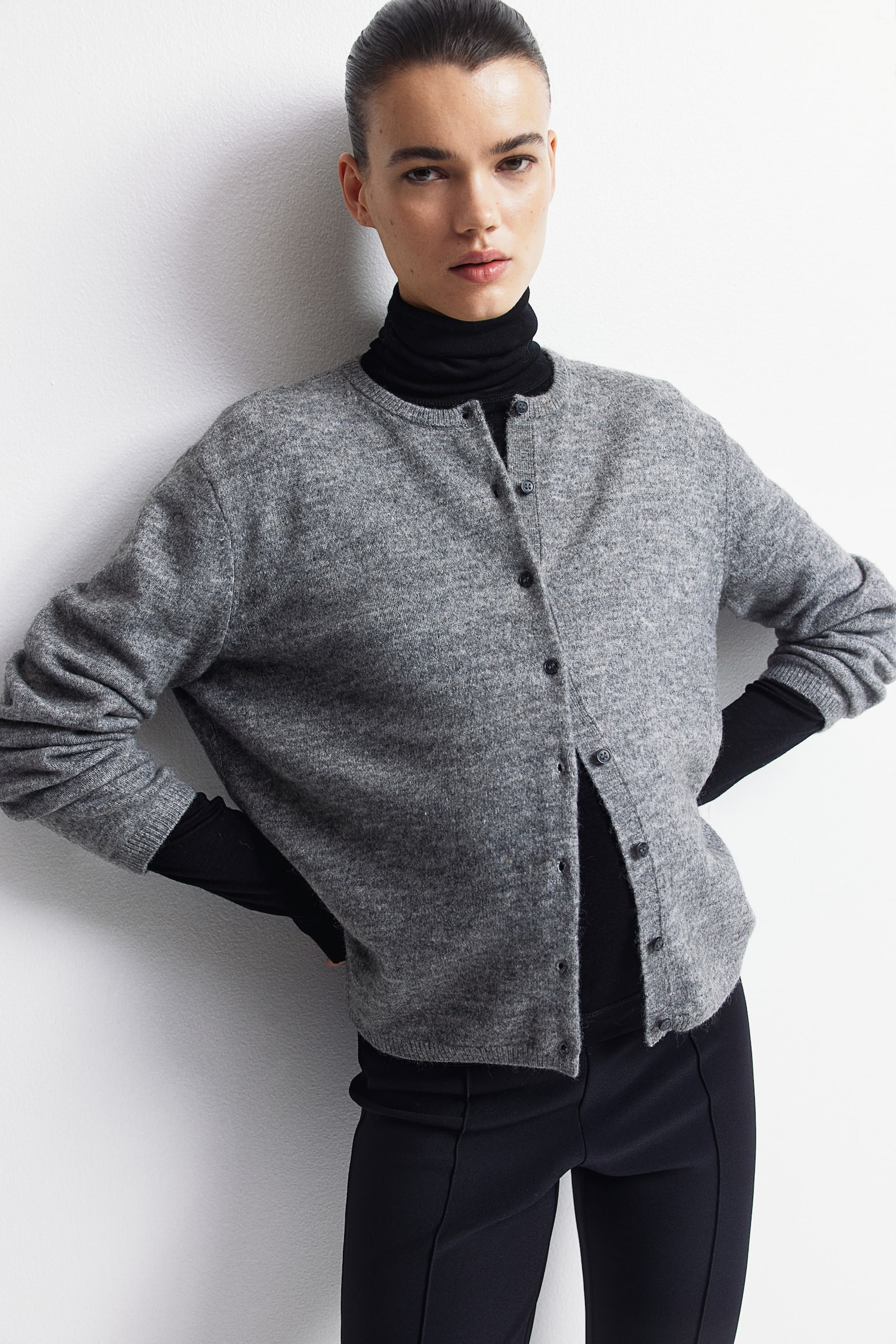 MAMA Fine-knit cardigan - Grey marl/Black - 1