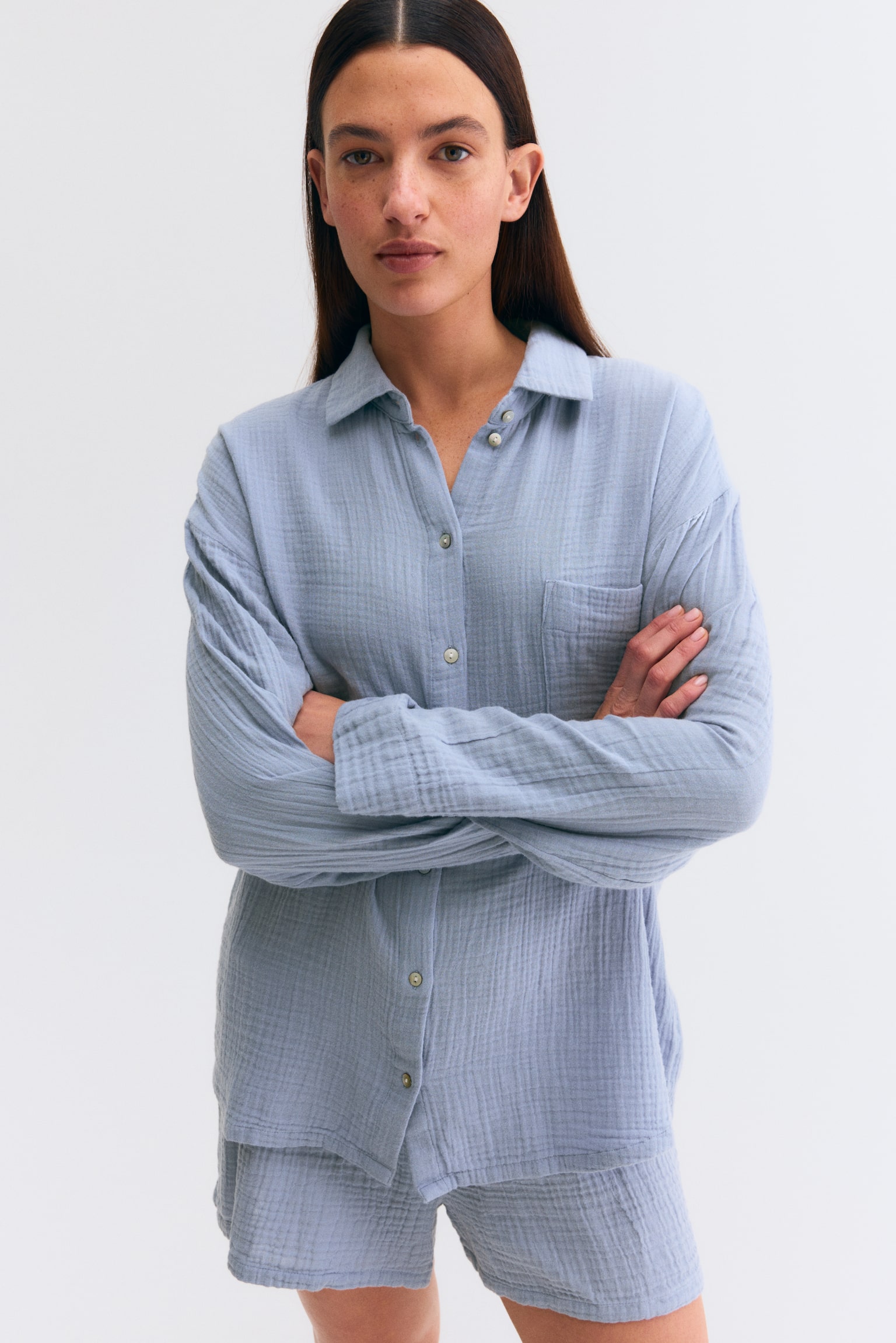 MAMA פיג'מת מוסלין Before & After - תכלת מאובק/ורוד פודרה - 6