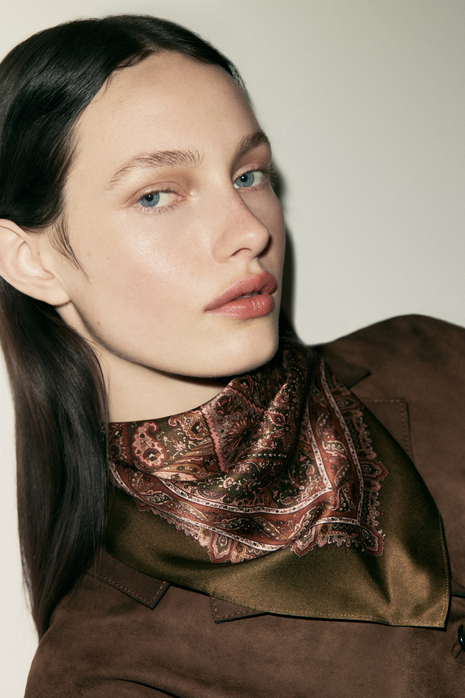 Printed silk scarf - Khaki green/Paisley pattern/Navy blue/Knots/Navy blue/Green/Cream/Bows - 1