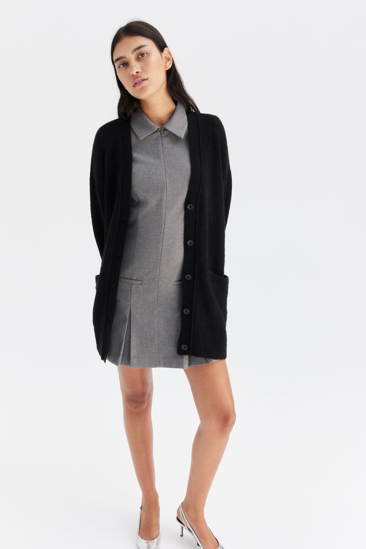 Oversized cardigan - Black/Light beige marl/Light grey marl - 6