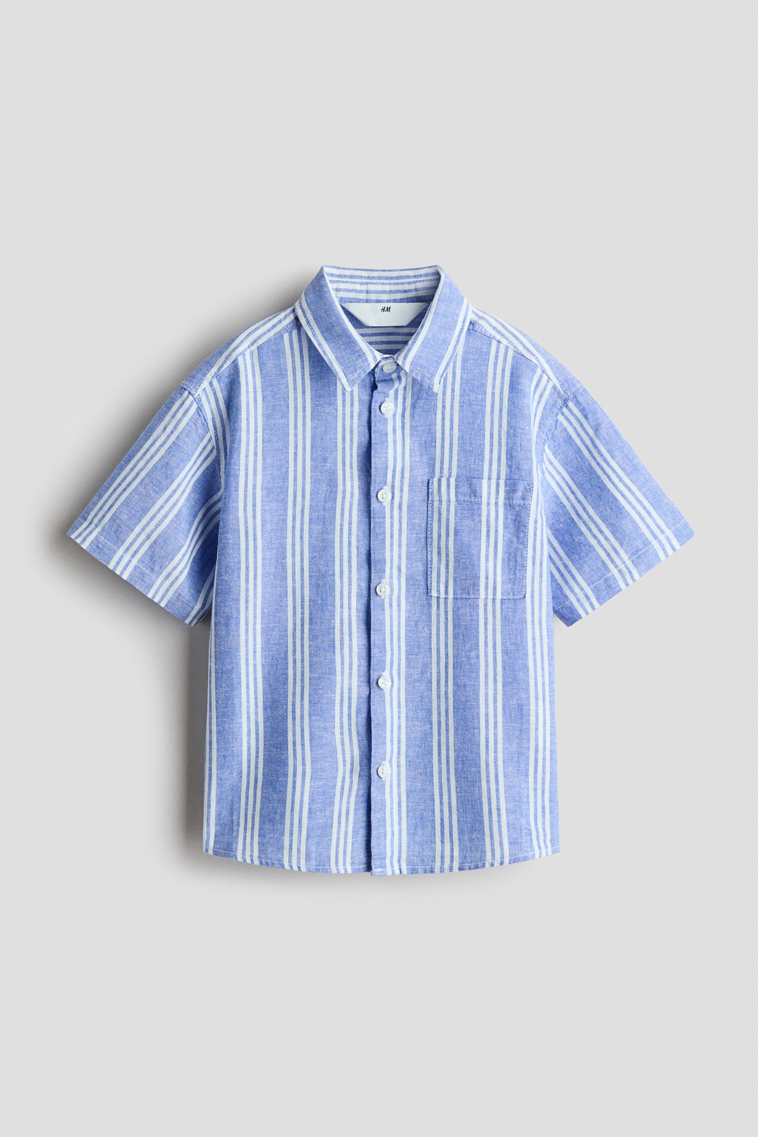Short-sleeved linen-blend shirt - Light blue/Striped/White/Light beige - 1