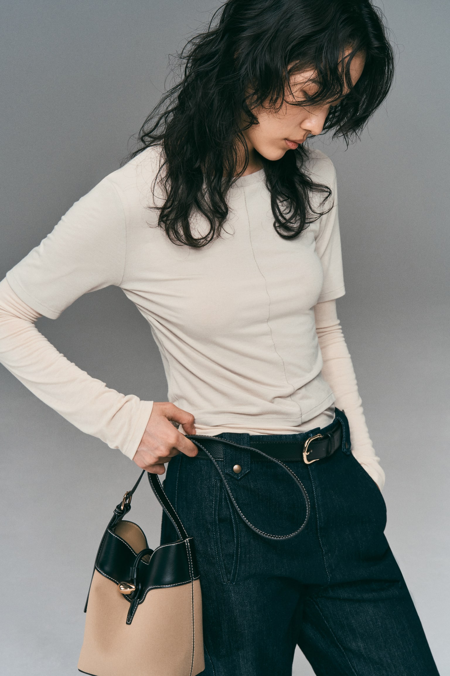 Double-layered jersey top - Light beige/Black - 4