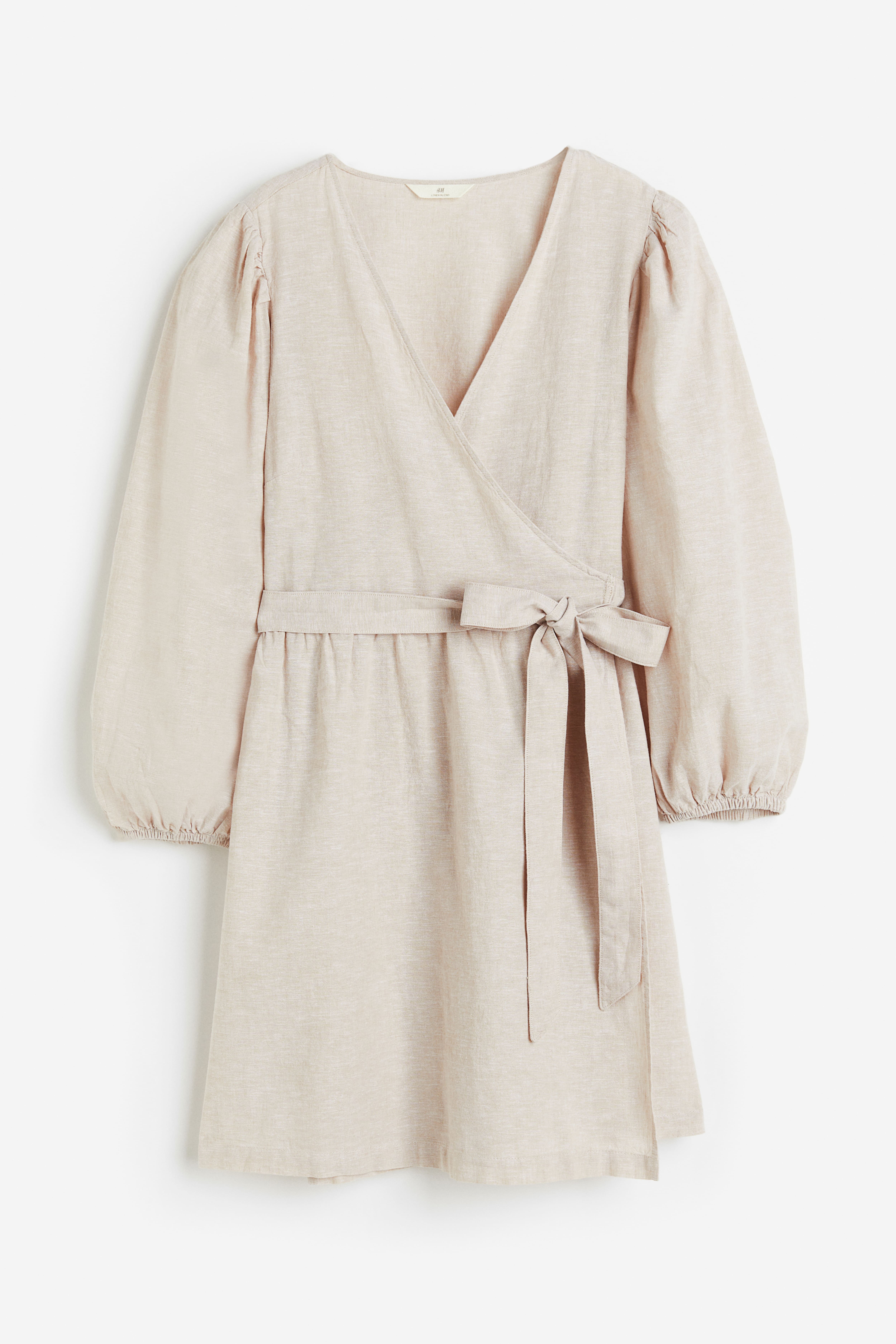 Linen-blend Wrap Dress - V-neck - Long sleeve - Light beige - Ladies | H&M  US