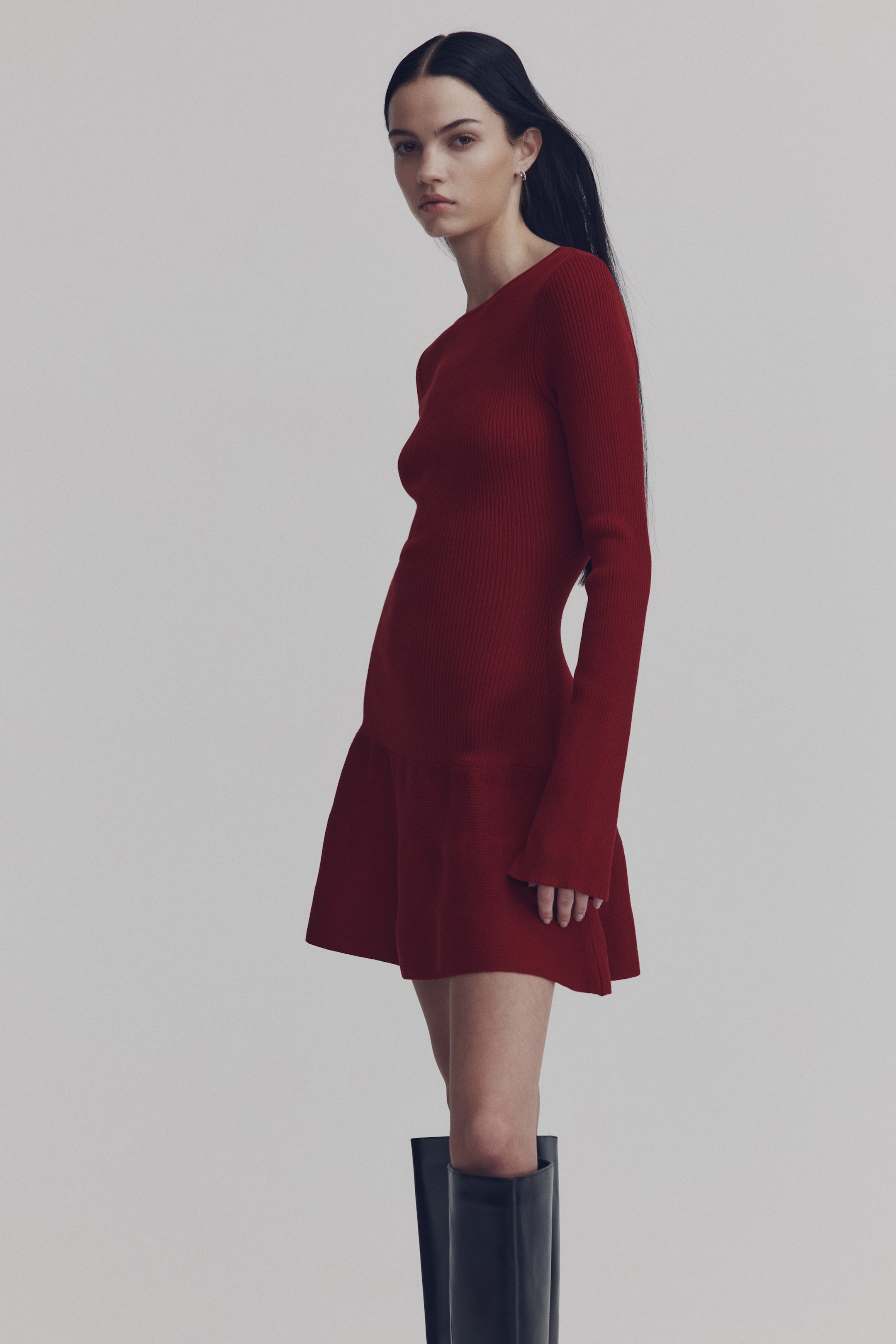 View larger image: Ribbed flared-skirt dress - Dark red - Ladies | H&M IN 2