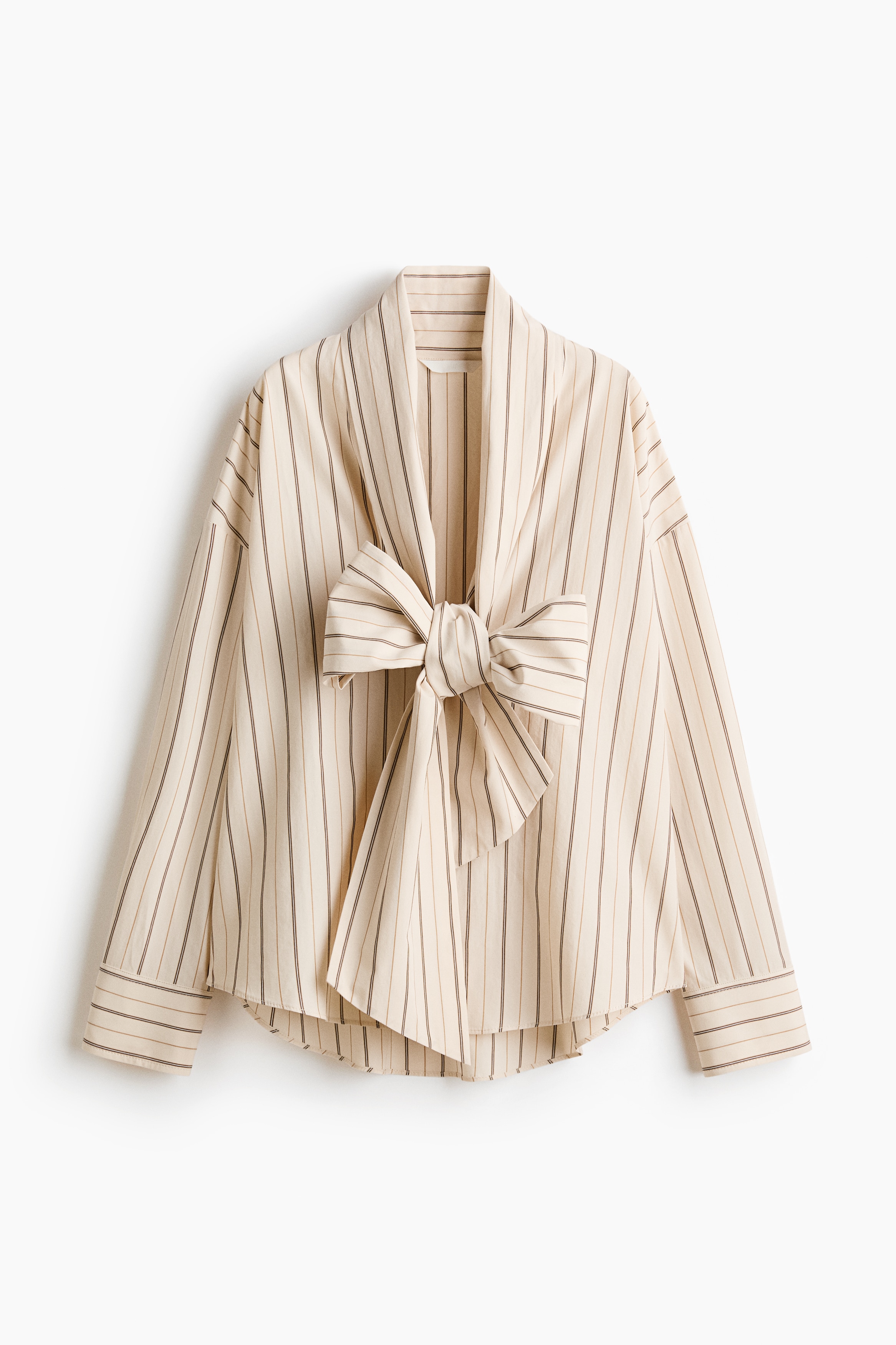 Camisa de popelina con cierre de lazada - Beige claro/Rayas