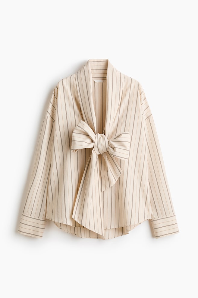 Tie-Front Poplin Shirt - Light beige/striped - 1