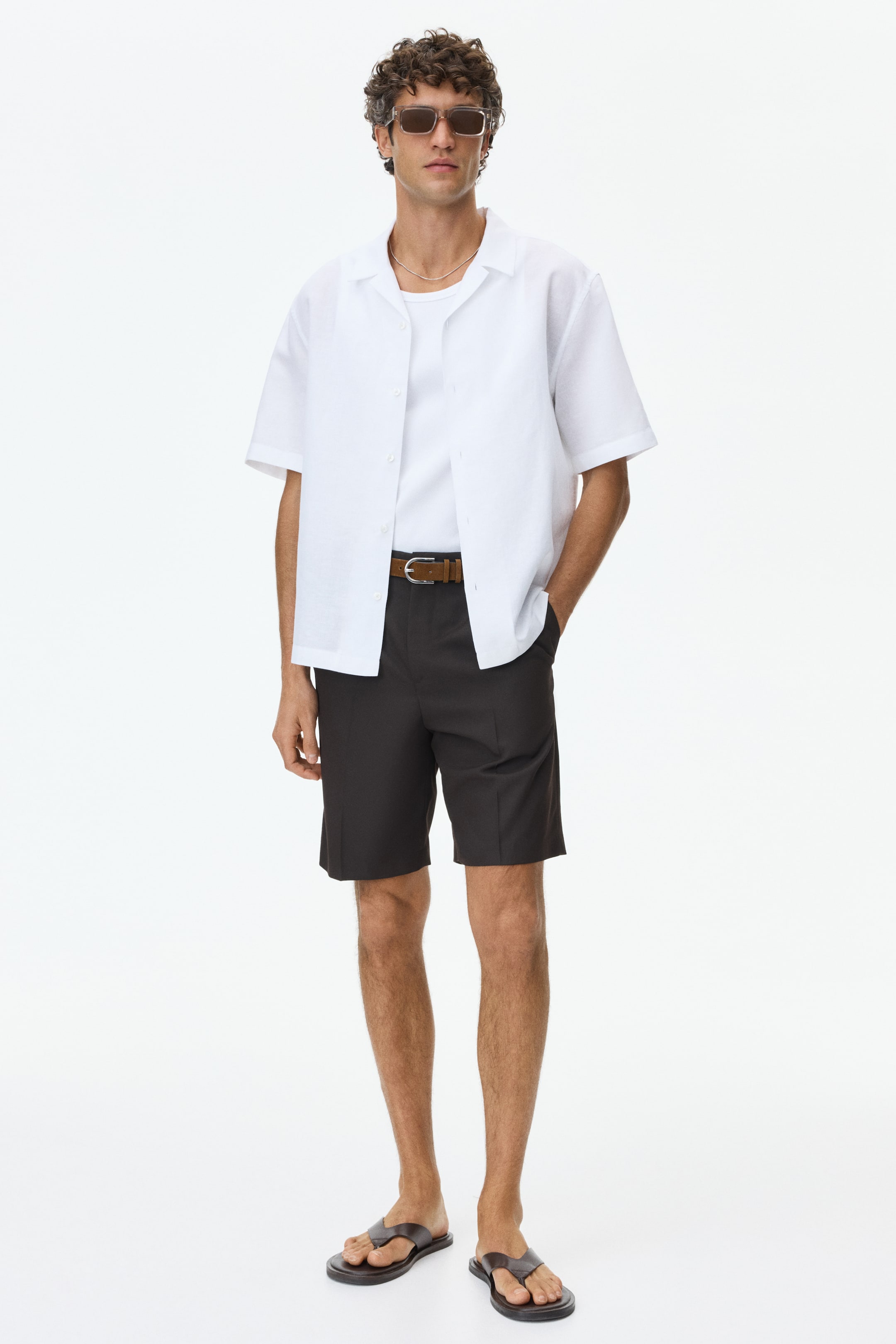 Chemise détendue en lin mélangé à col cubain