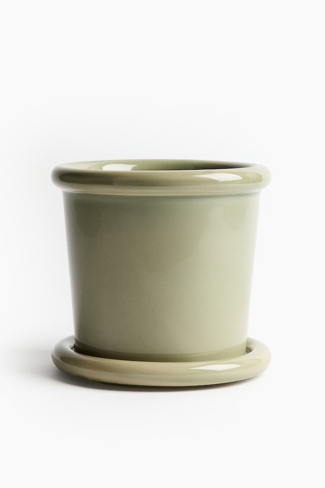 Vaso e prato em cerâmica de grés - Verde claro/Cinzento claro/Branco/Amarelo claro - 1