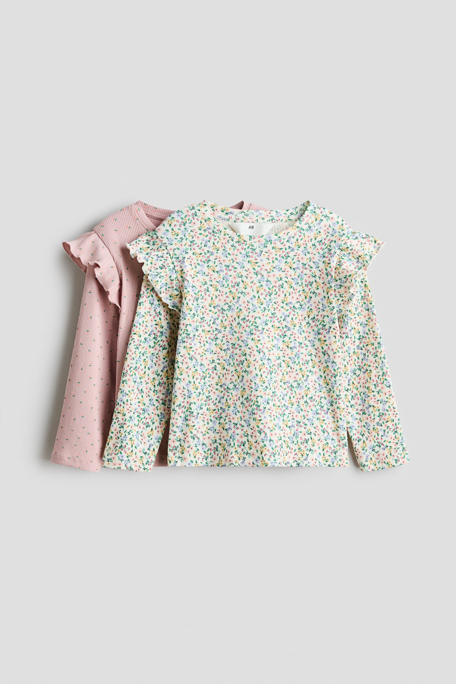 2-pack flounce-trimmed tops - Light dusty pink/Floral/Black/Spotted