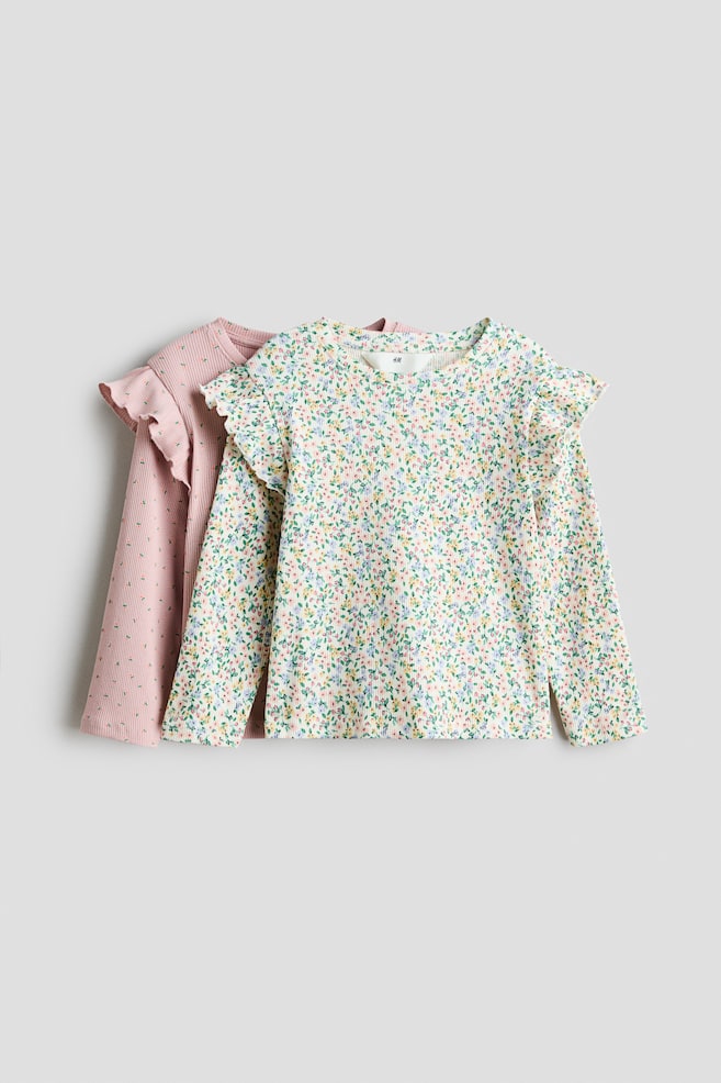 2-pack flounce-trimmed tops - Light dusty pink/Floral/Navy blue/Floral/Black/Spotted - 1