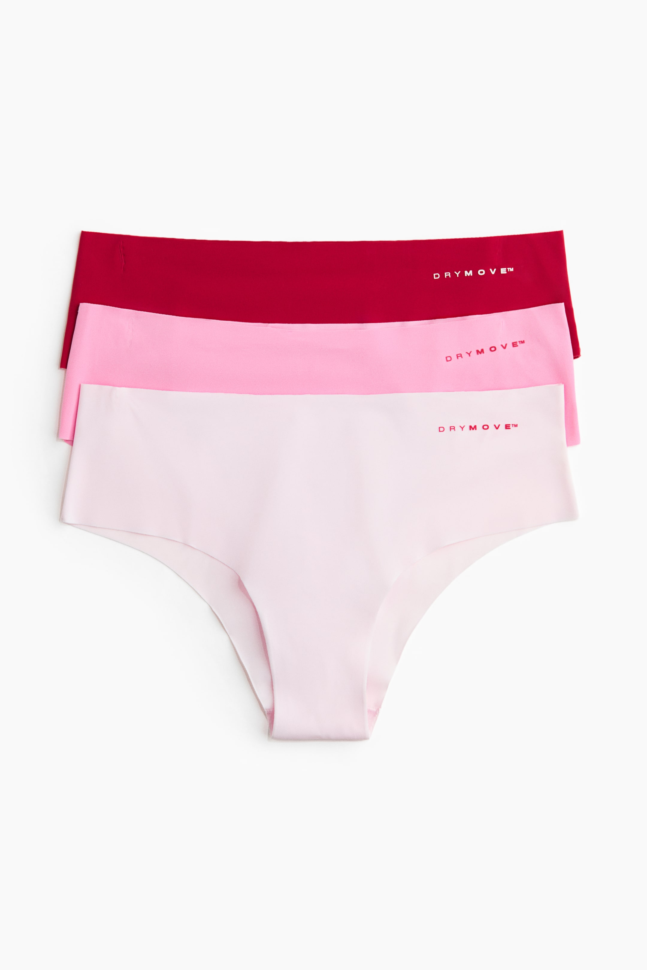 Ampliar la imagen: Un paquete de 3 calzoncillos deportivos hipster sin costuras se muestra apilado, de frente. Los calzoncillos aparecen en tonos de rosa claro, rosa medio y rojo oscuro, con la marca "DRYMOVE?" visible en cada cinturilla.