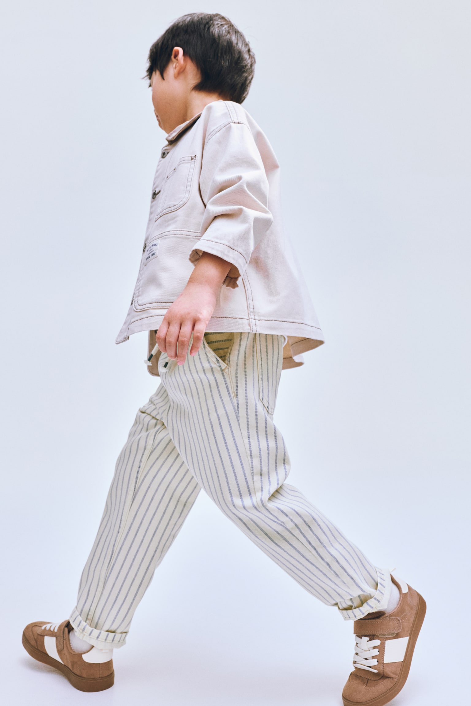 מכנסי טוויל עם גומי - קרם/פסים - 3