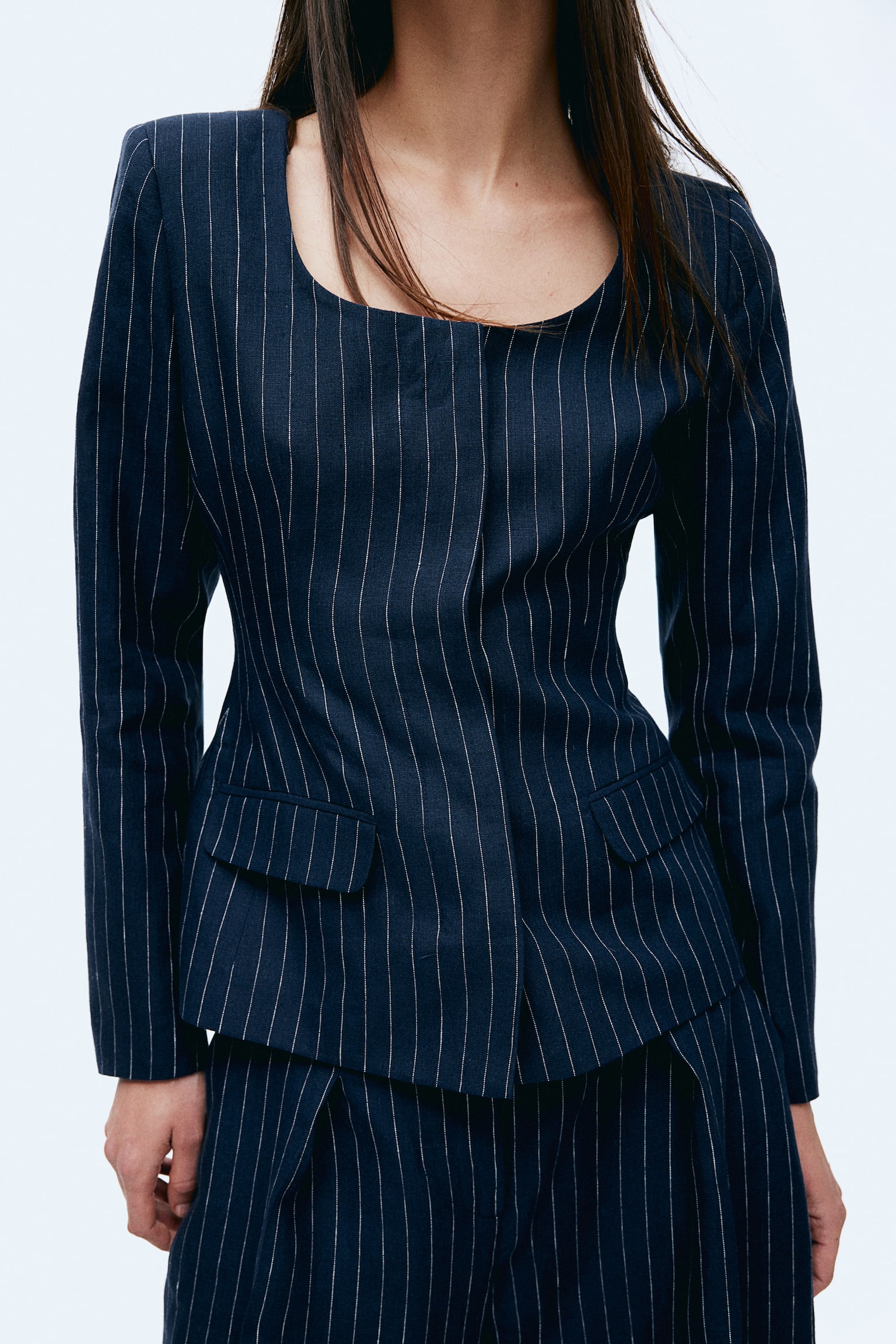 Waisted Linen Blazer - Navy blue/Pinstripe - 5