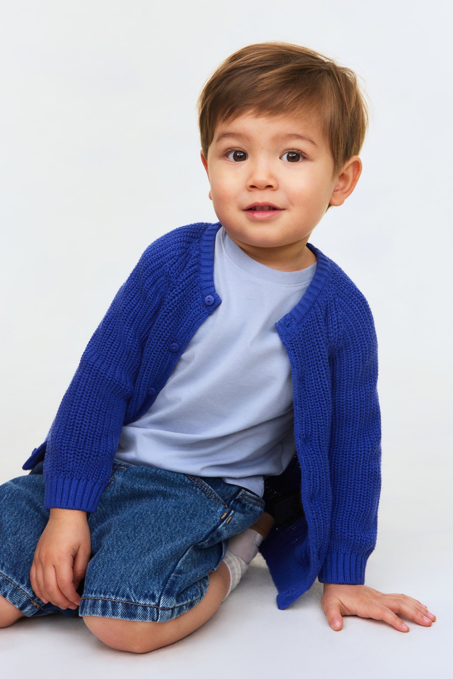 Patent-knit cotton cardigan - Bright blue/Beige - 3