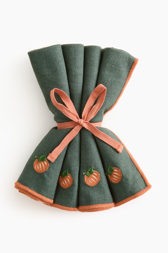 Pack de 4 guardanapos bordados - Verde escuro/Abóboras - 1