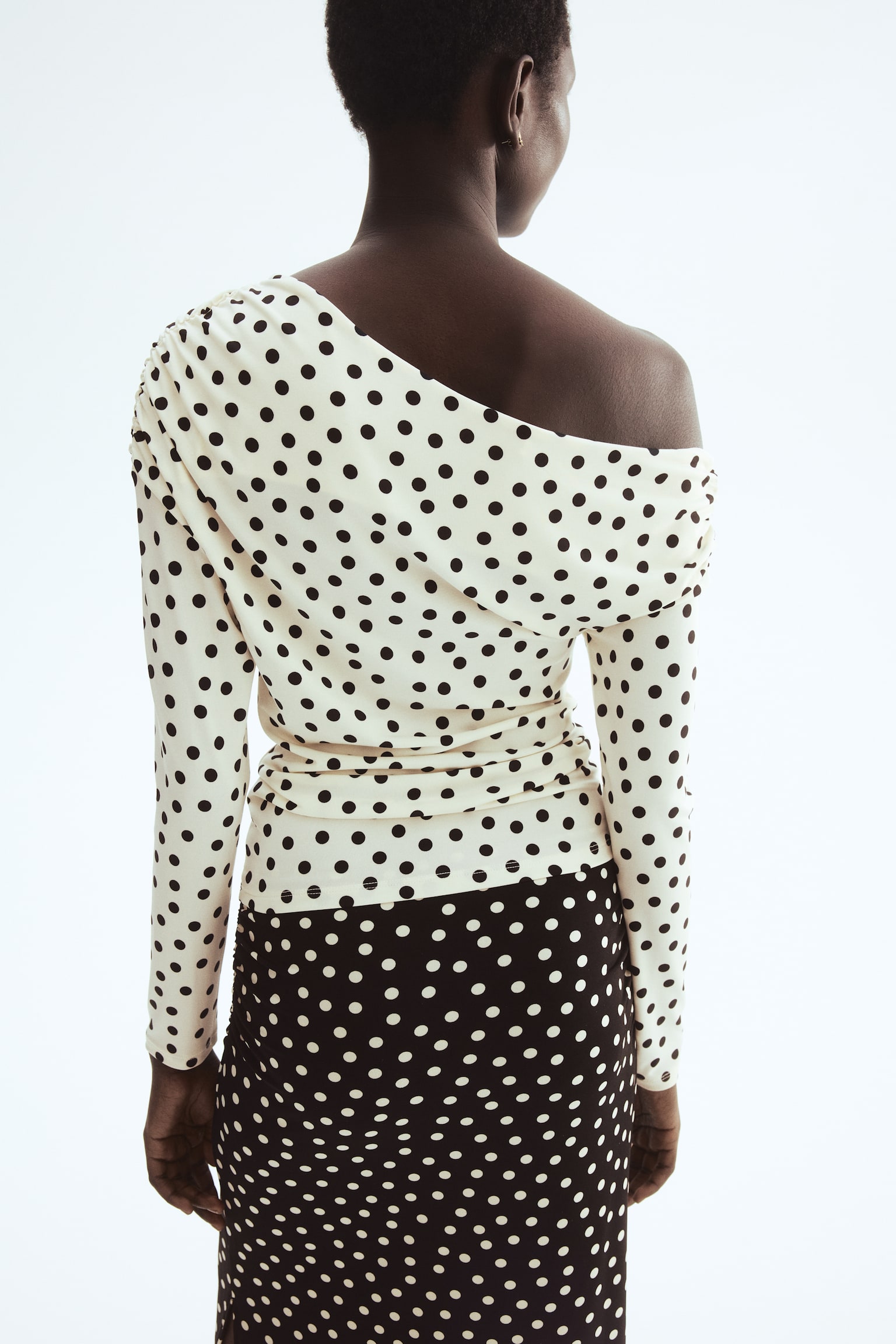 Draped one-shoulder top - White/Polka dot/White/Leopard print - 5