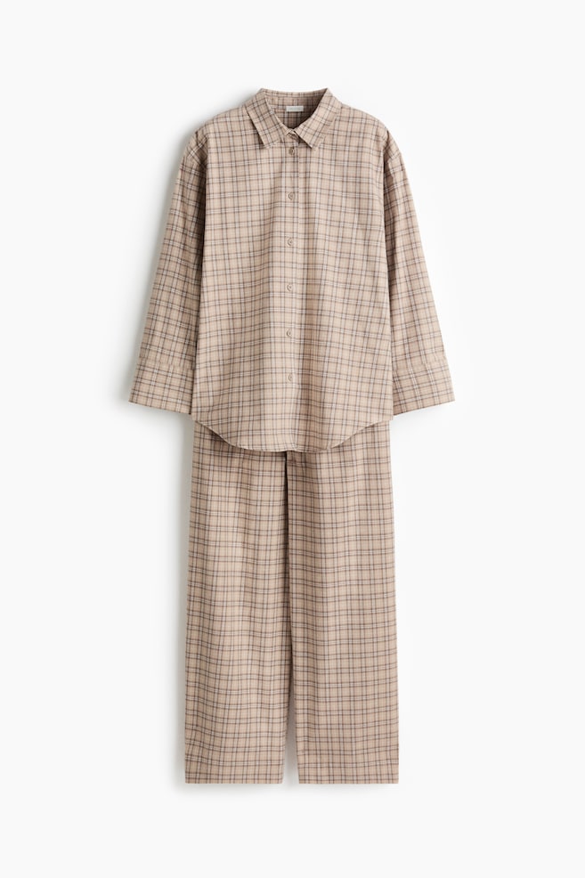 Pyjama aus Baumwollflanell - Beige/Kariert/Mattgrün/Kariert - 1