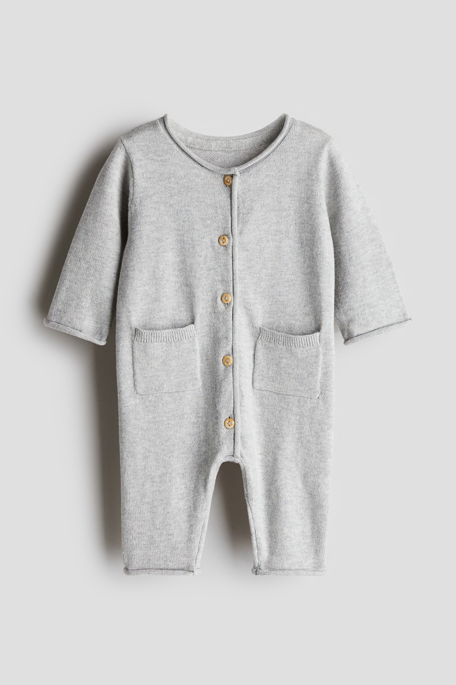 Fine-knit cotton romper suit - Light grey marl/Light beige - 1