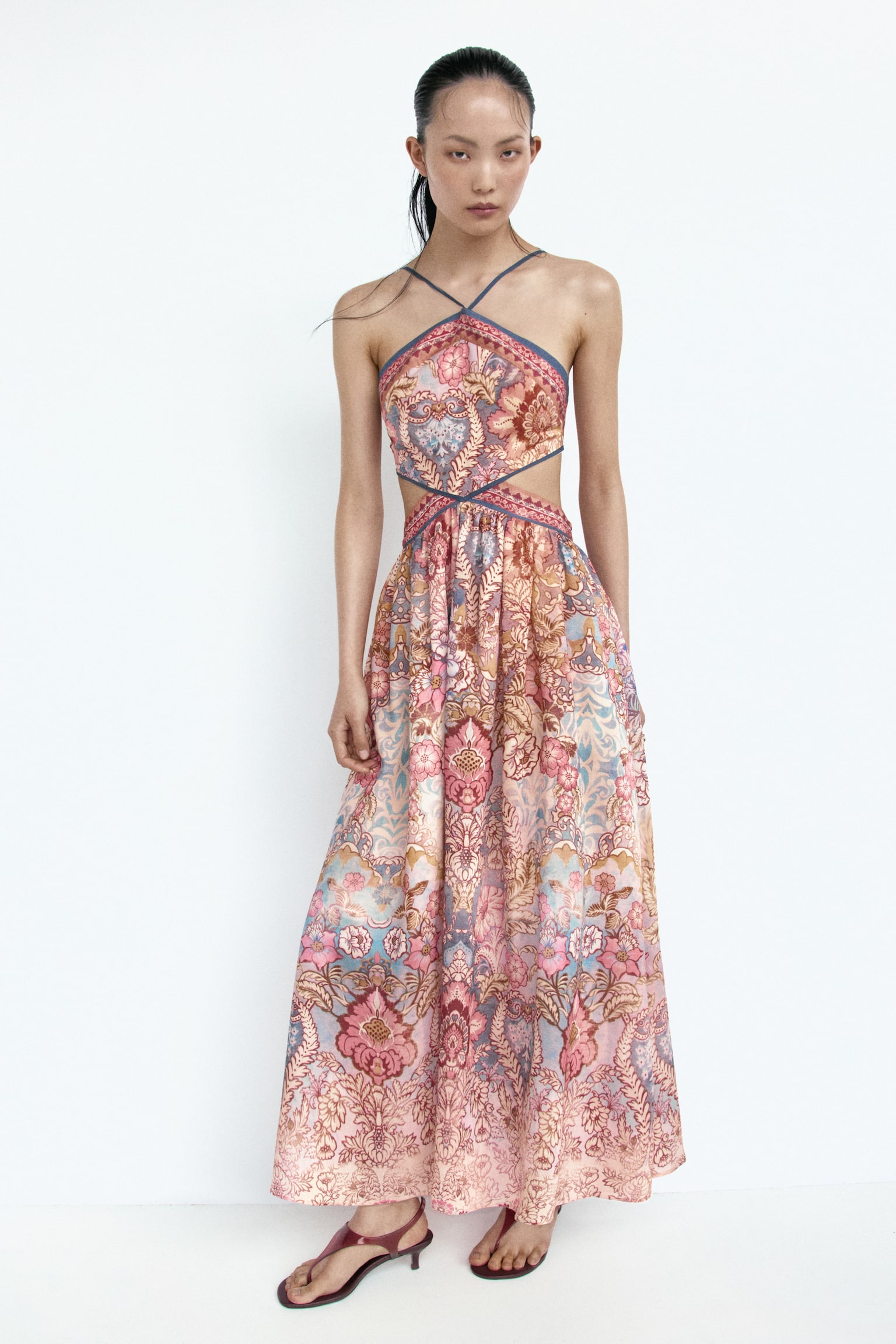 Vestido halter con aberturas-Anaranjado/Diseño paisley - 4