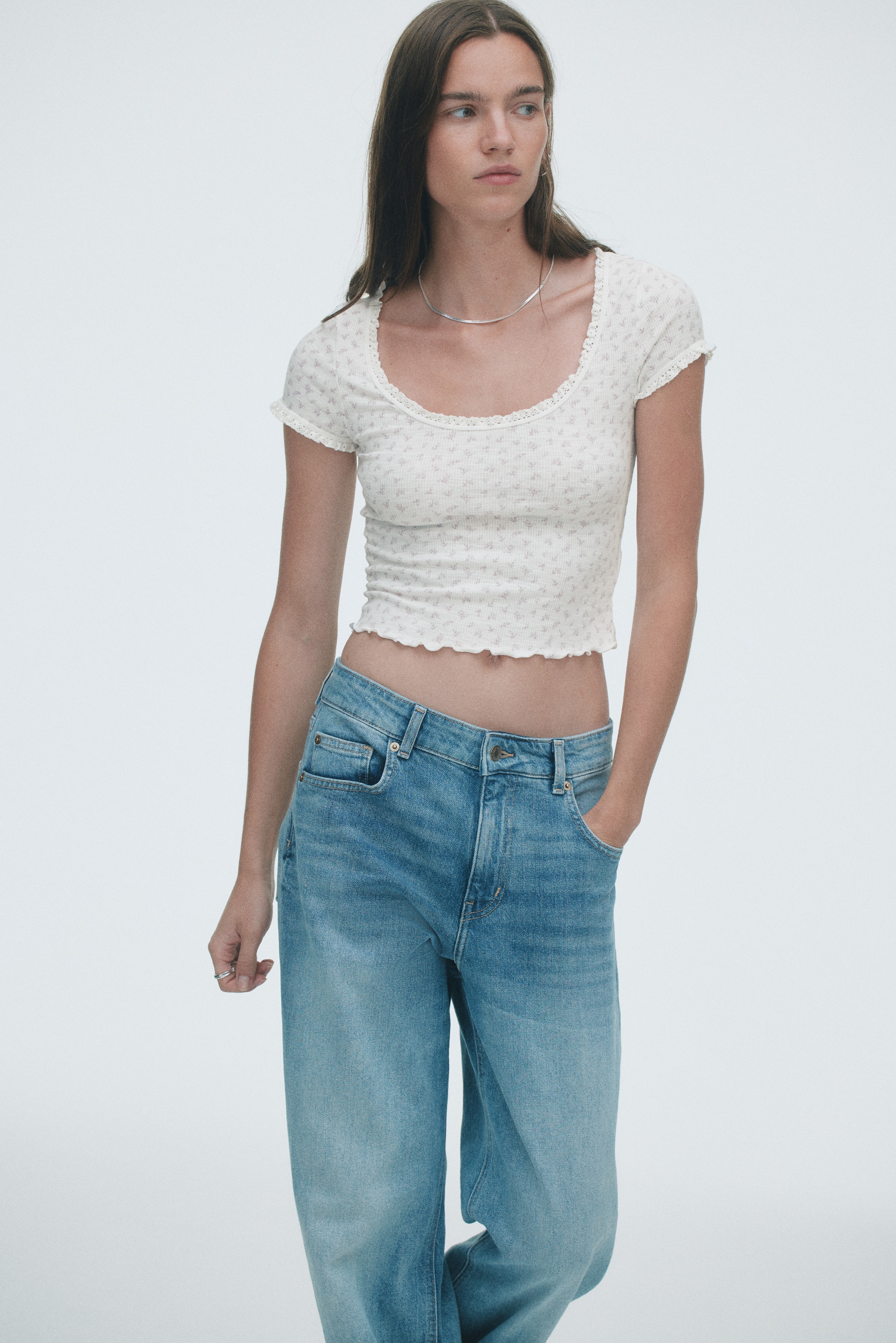 ホワイト レーストリム 半袖トップス レーストリムトップス - ホワイト／フローラル - レディース